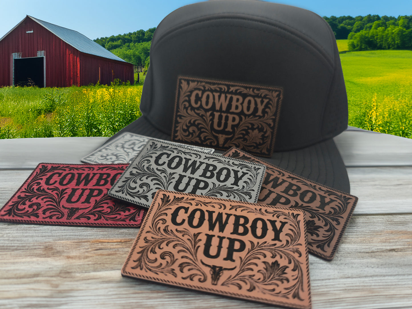 Cowboy Up Heat Press Leatherette Hat Patch