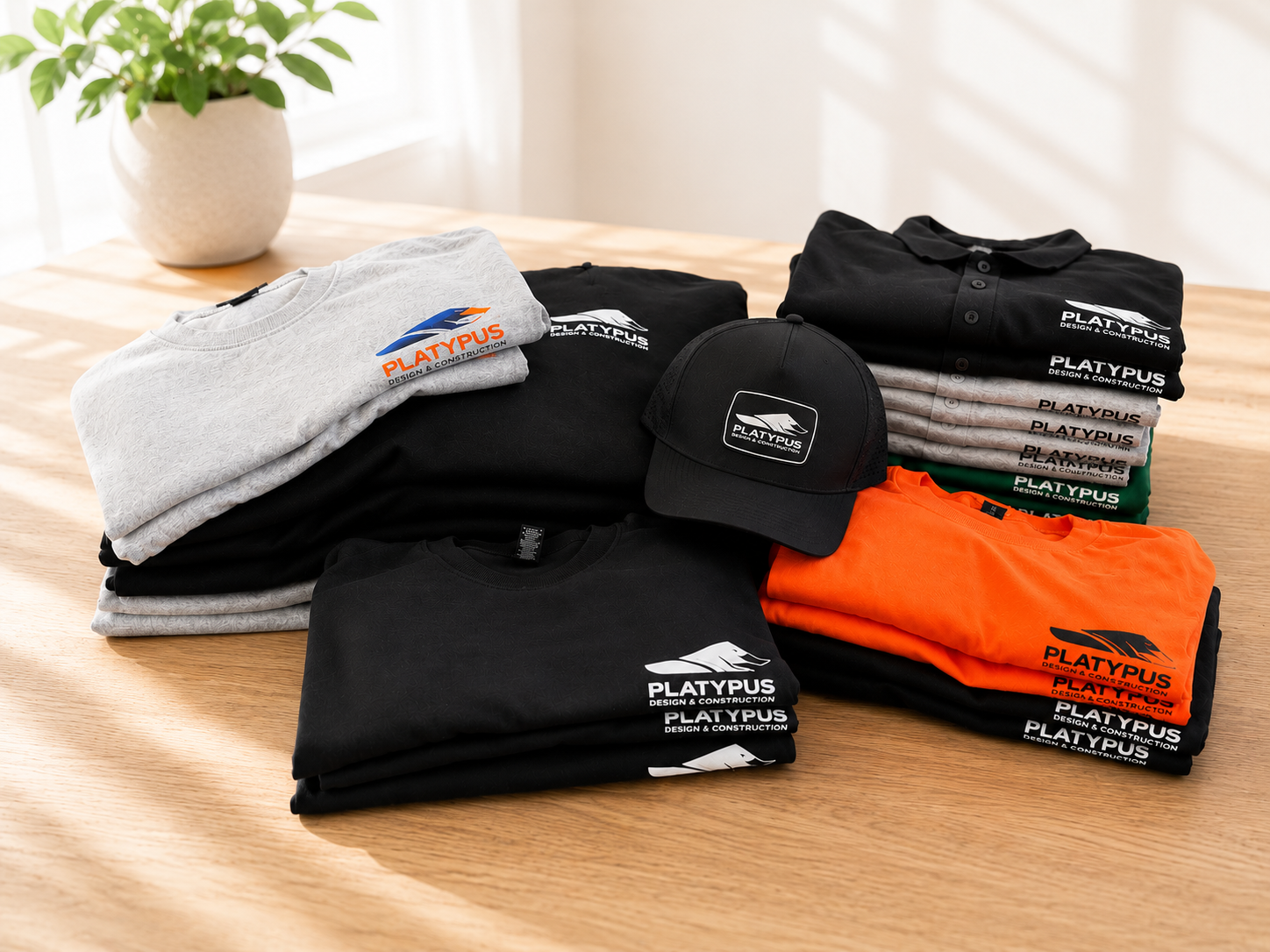 Stacks of folded clothing on a wooden surface.
