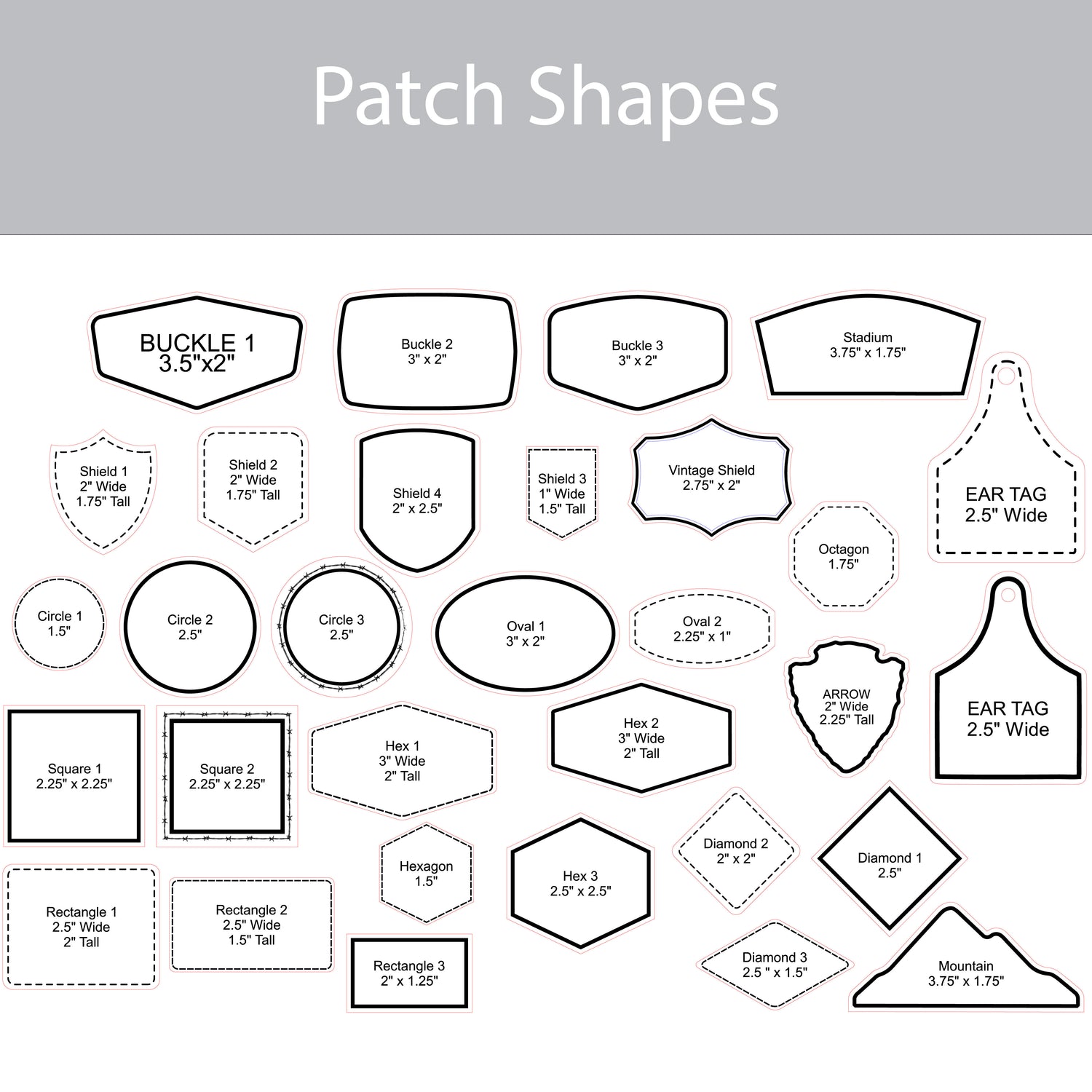 Diagram of various patch shapes with dimensions on a gray background