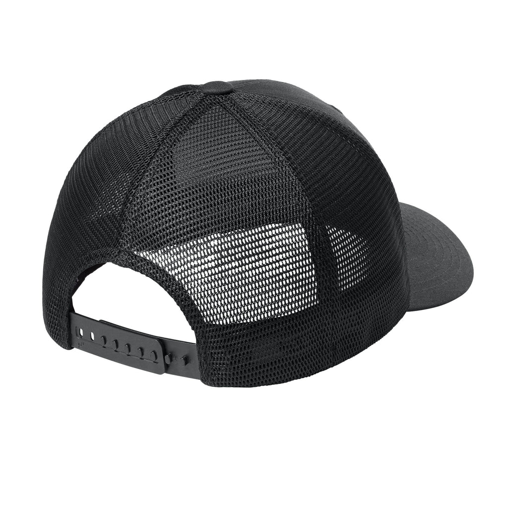 Black Flexfit 110M trucker hat, back view showing adjustable snapback and mesh. variant-black
