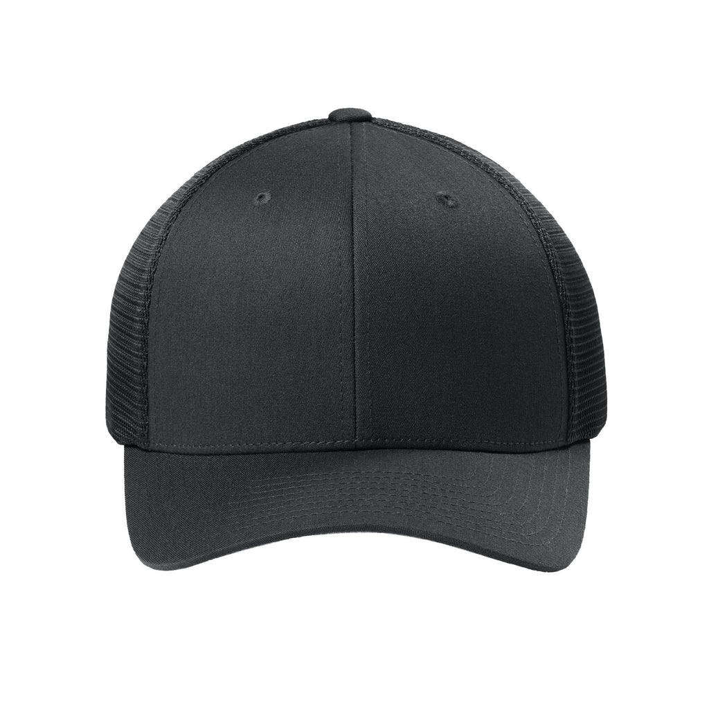 Front view of Black Flexfit 110M adjustable mesh trucker hat. variant-black