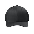 Front view of Black Flexfit 110M adjustable mesh trucker hat. variant-black