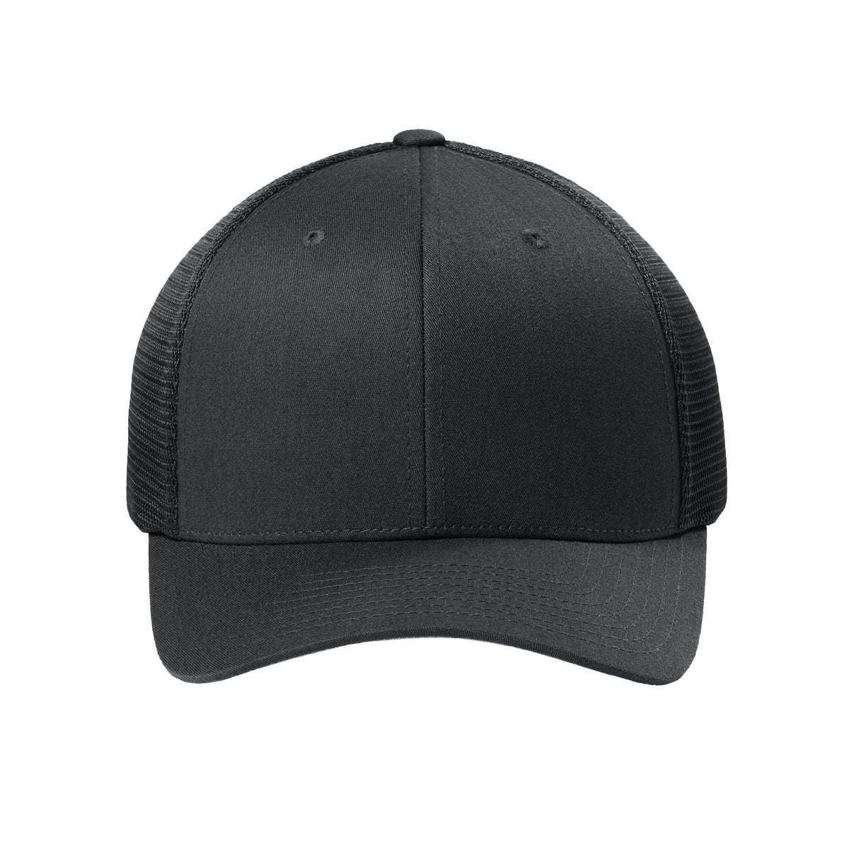 Front view of Black Flexfit 110M adjustable mesh trucker hat. variant-black