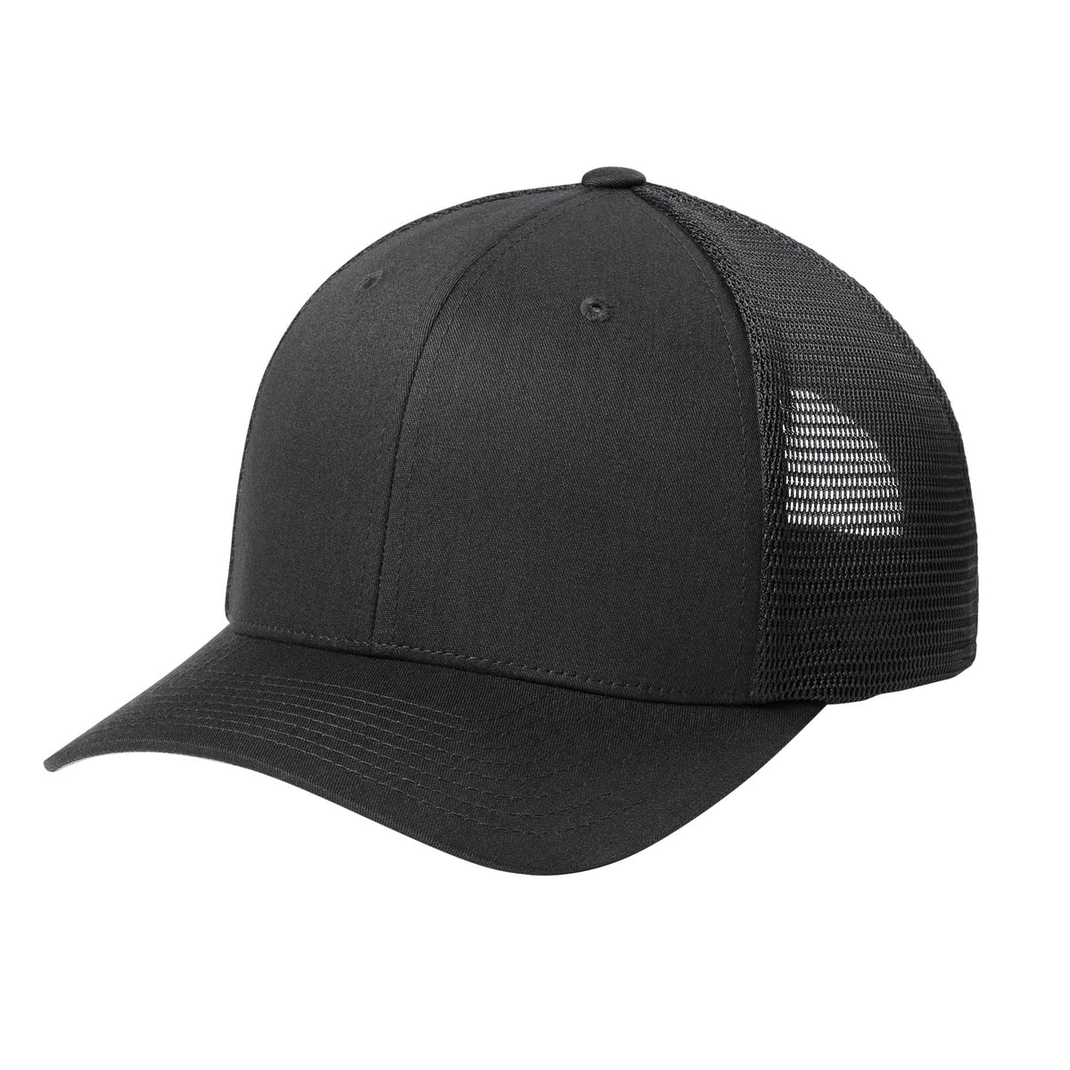 Black Flexfit 110M trucker hat, left side view. variant-black