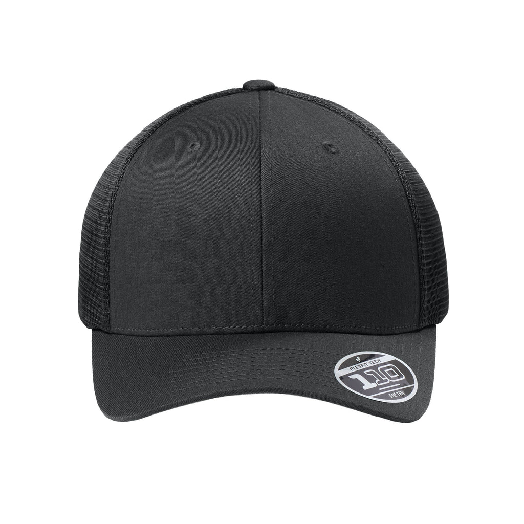 Black Flexfit 110M trucker hat, straight-on view with manufacturer sticker. variant-black