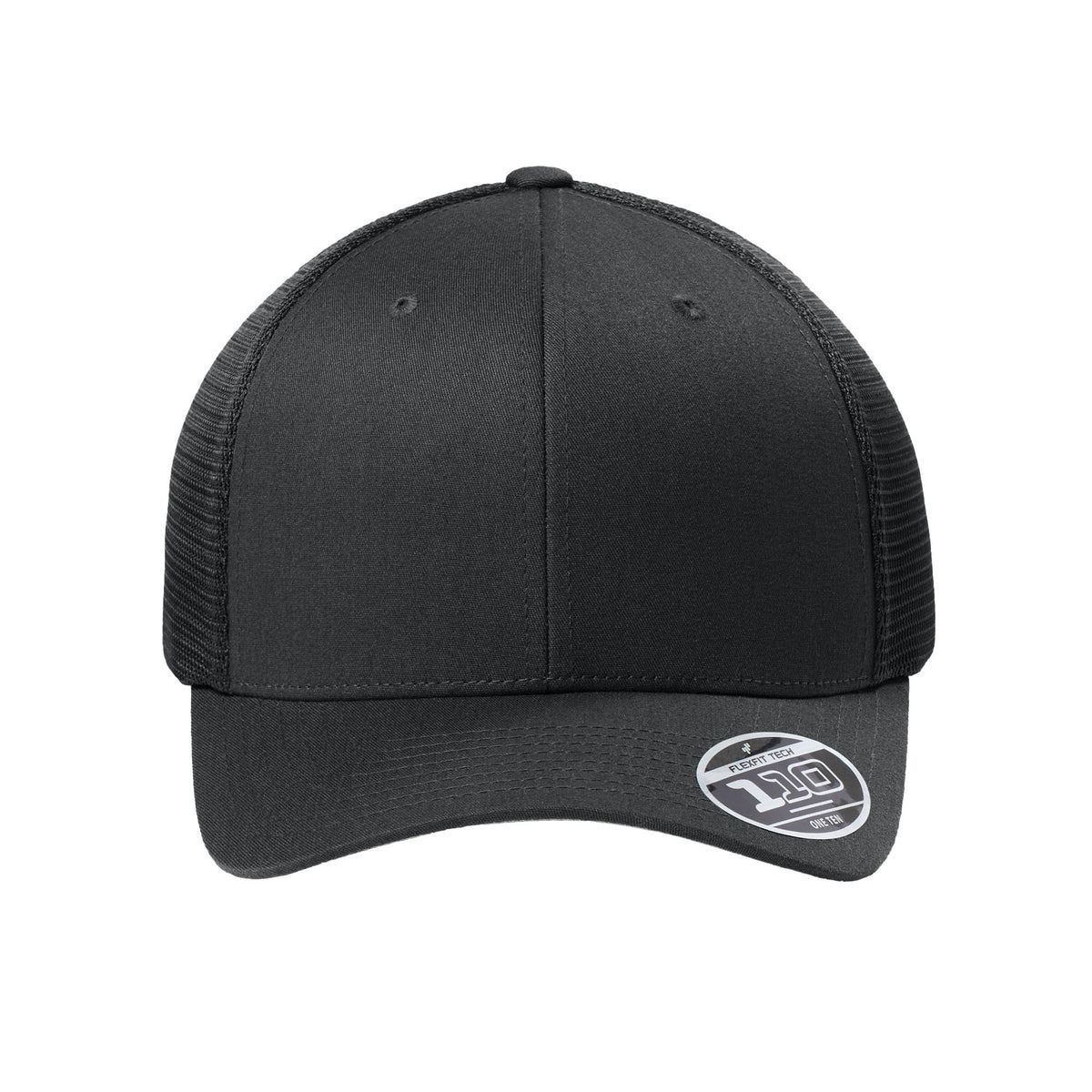 Black Flexfit 110M trucker hat, straight-on view with manufacturer sticker. variant-black