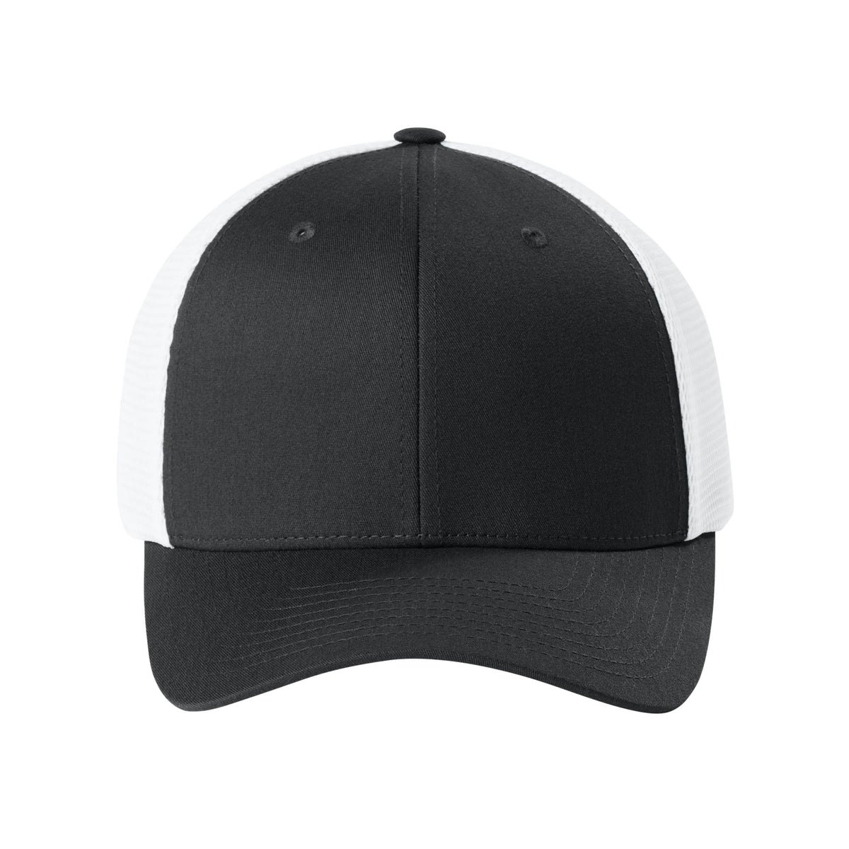 Front view of Black / White Flexfit 110M adjustable mesh trucker hat. variant-black-white