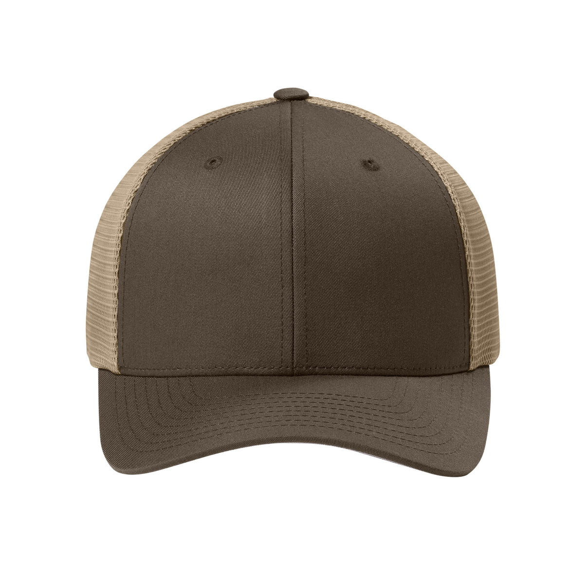 Front view of Brown / Khaki Flexfit 110M adjustable mesh trucker hat. variant-brown-khaki