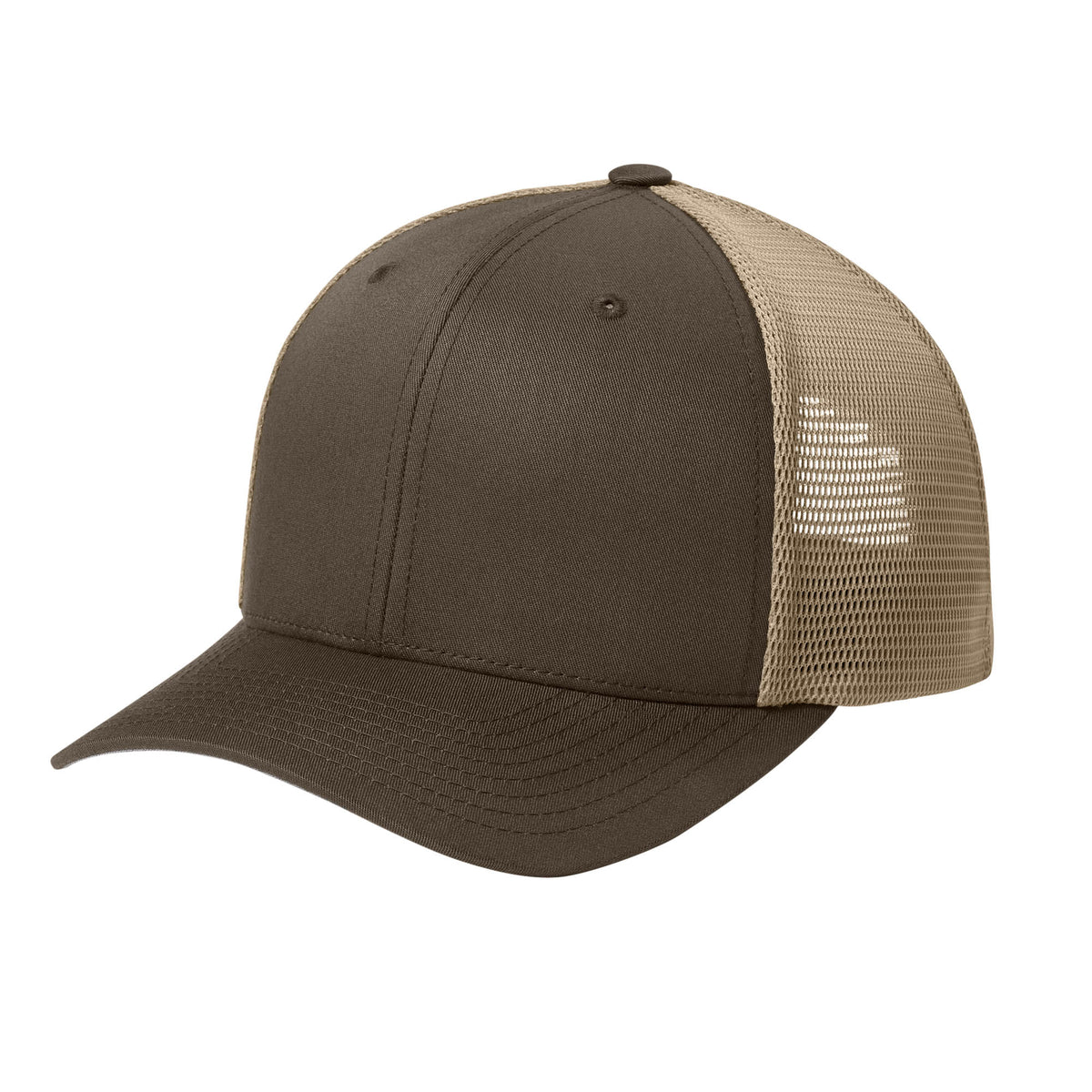 Brown / Khaki Flexfit 110M trucker hat, left side view. variant-brown-khaki