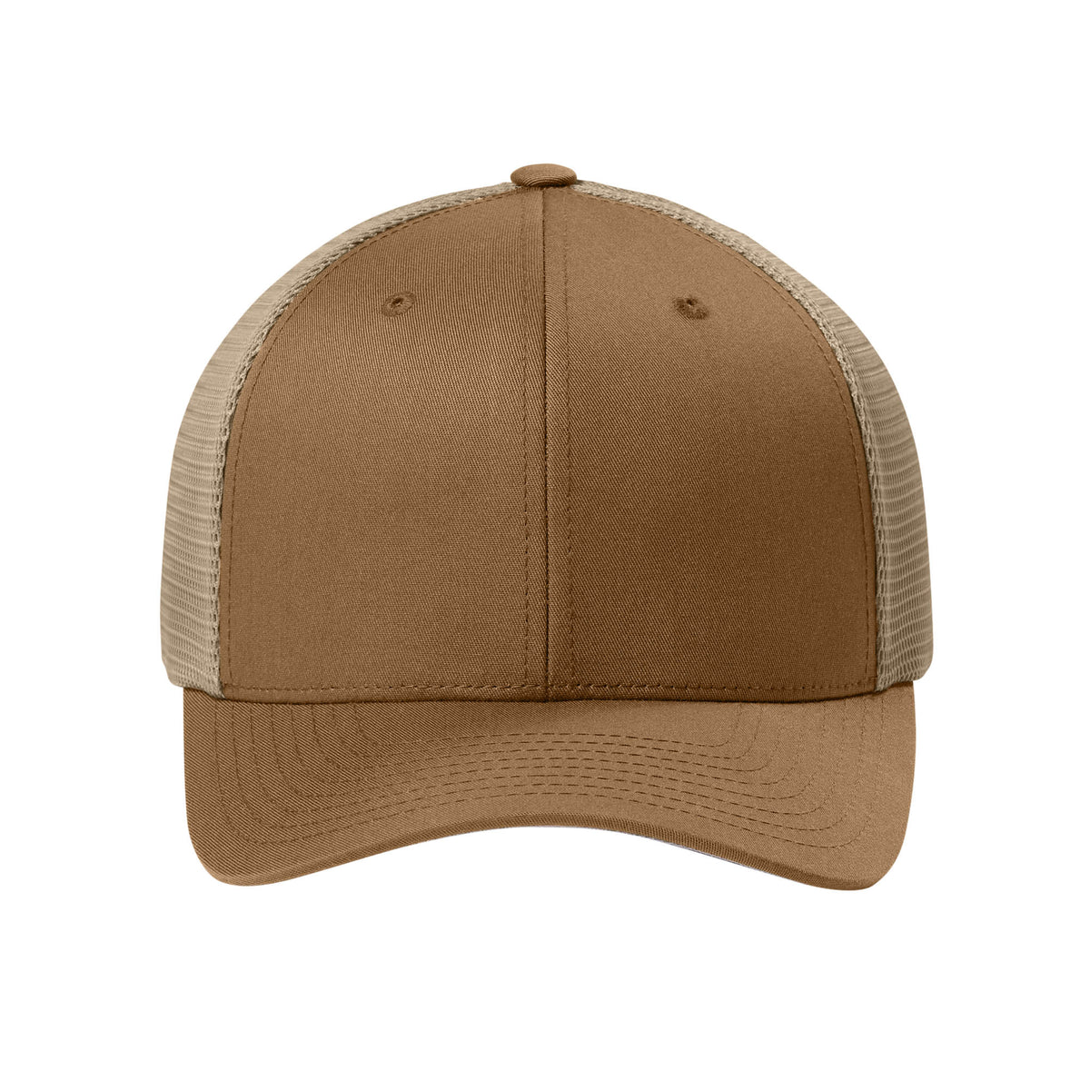 Front view of Caramel / Khaki Flexfit 110M adjustable mesh trucker hat. variant-caramel-khaki