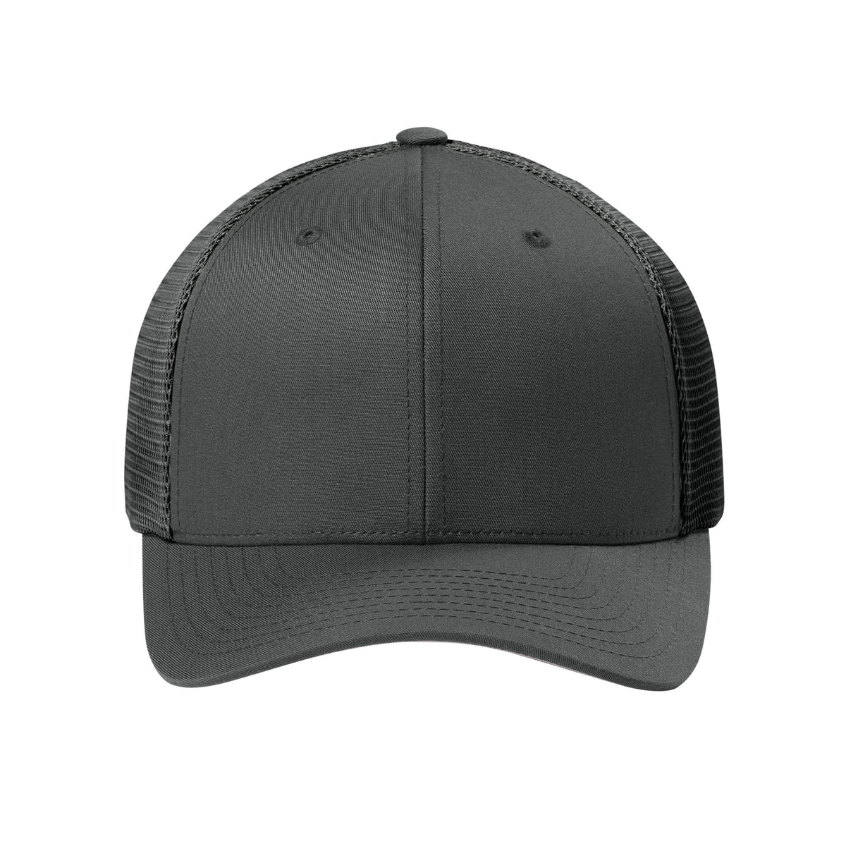 Front view of Charcoal Flexfit 110M adjustable mesh trucker hat. variant-charcoal