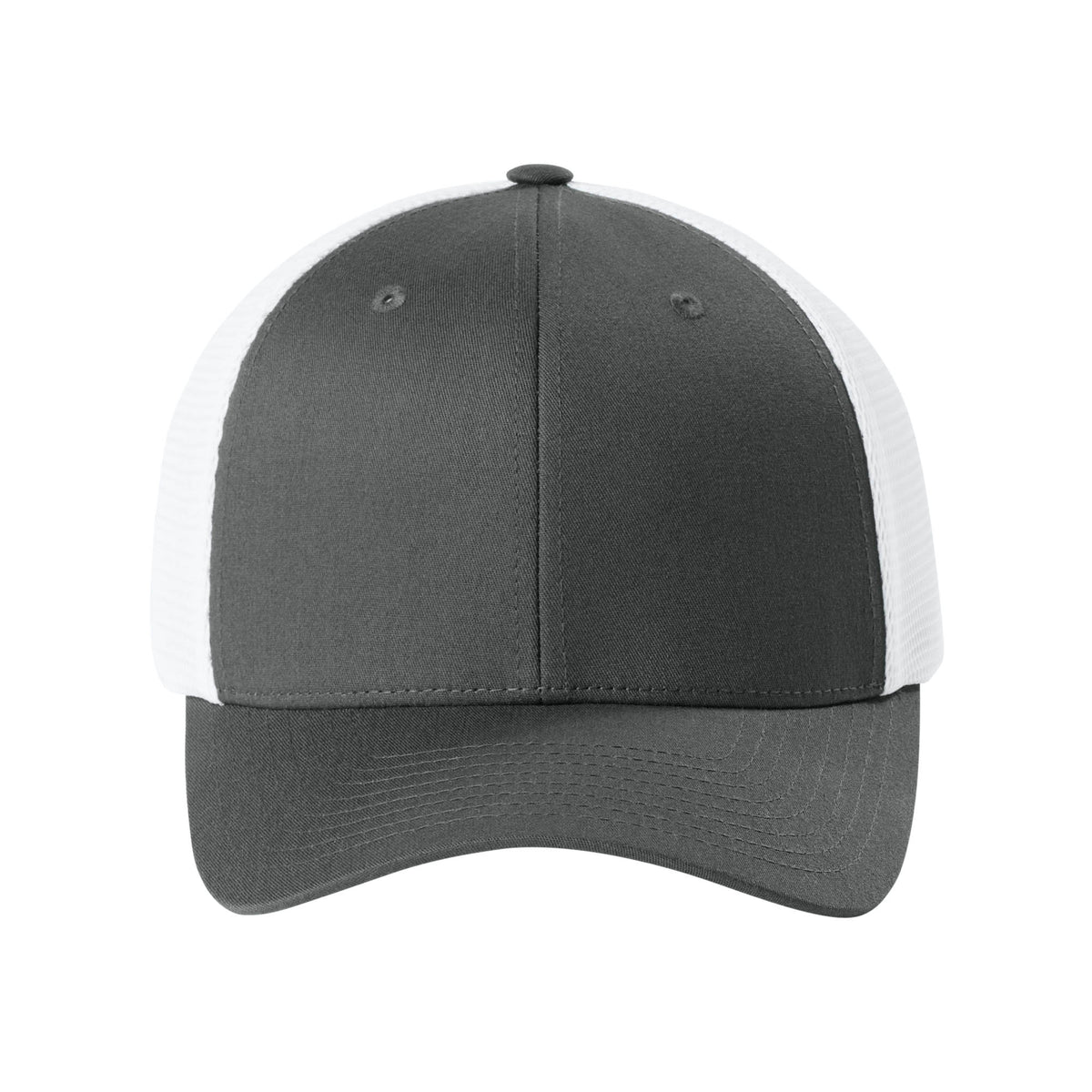 Front view of Charcoal / White Flexfit 110M adjustable mesh trucker hat. variant-charcoal-white