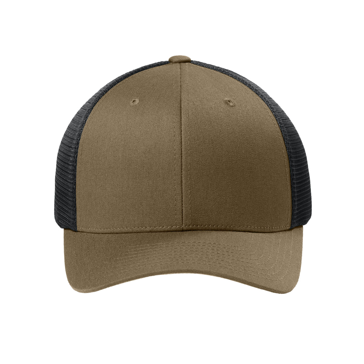 Front view of Coyote Brown / Black Flexfit 110M adjustable mesh trucker hat. variant-coyote-brown-black