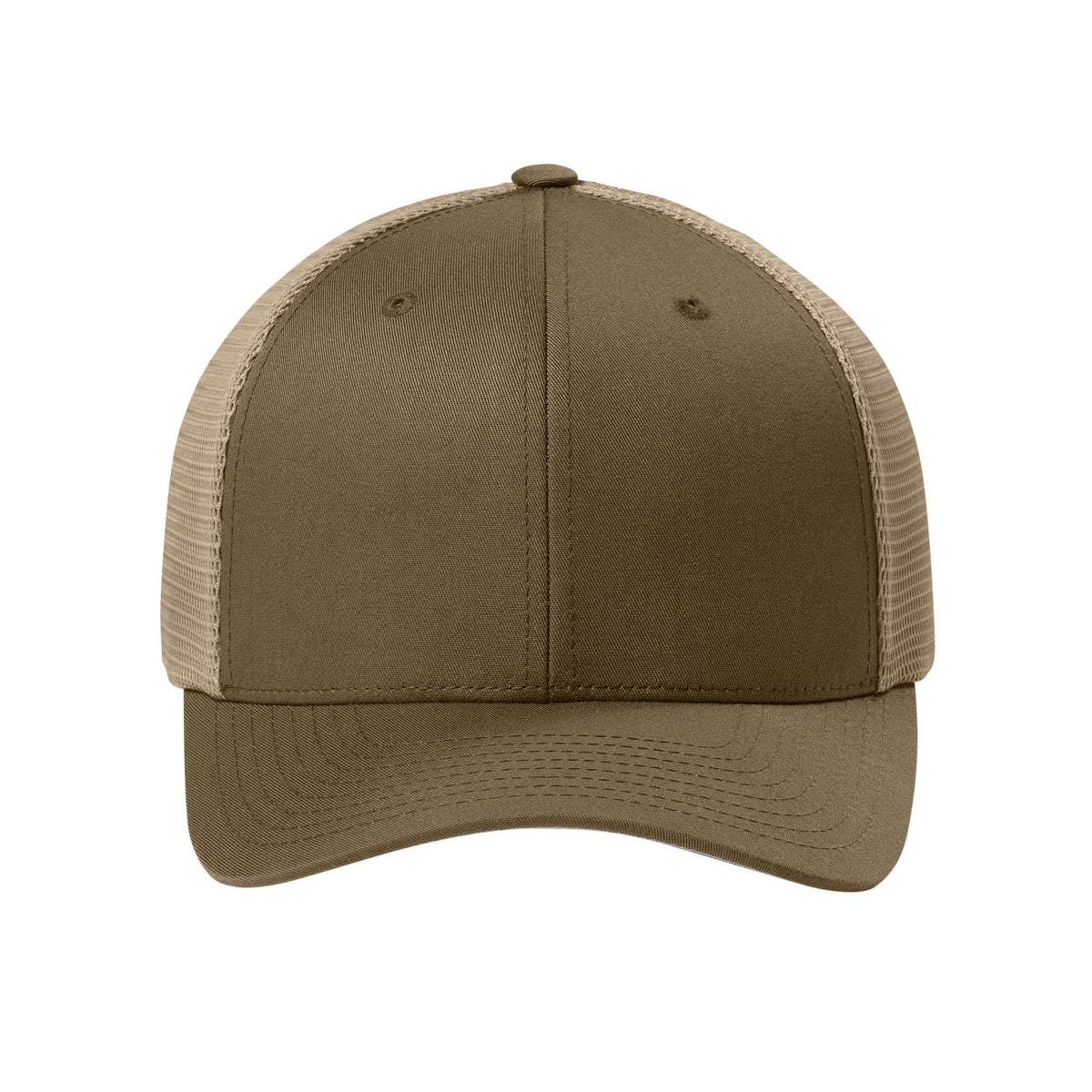 Front view of Coyote Brown / Khaki Flexfit 110M adjustable mesh trucker hat. variant-coyote-brown-khaki