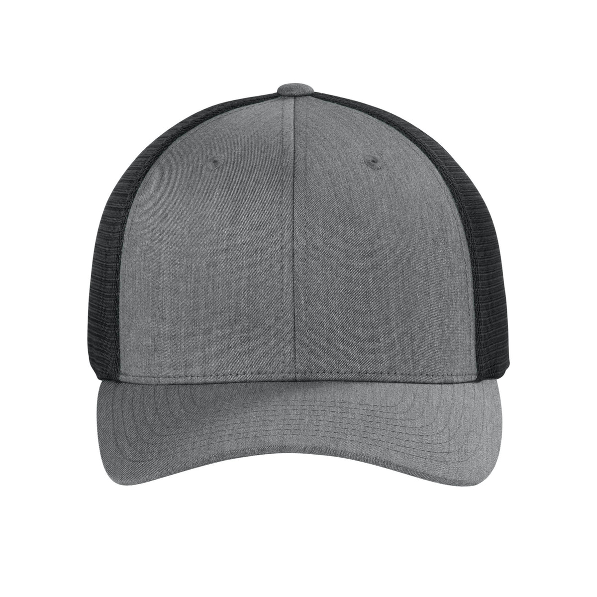Front view of Heather Grey / Black Flexfit 110M adjustable mesh trucker hat. variant-heather-grey-black