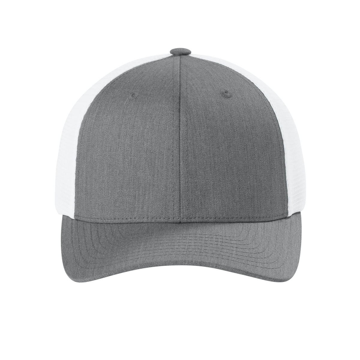 Front view of Heather Grey / White Flexfit 110M adjustable mesh trucker hat. variant-heather-grey-white