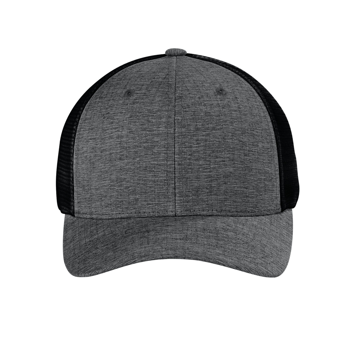 Front view of Melange Charcoal / Black Flexfit 110M adjustable mesh trucker hat. variant-melange-charcoal-black