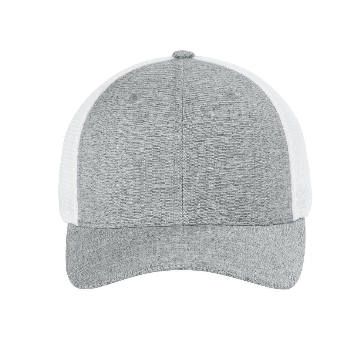 Front view of Melange Silver / White Flexfit 110M adjustable mesh trucker hat. variant-melange-silver-white