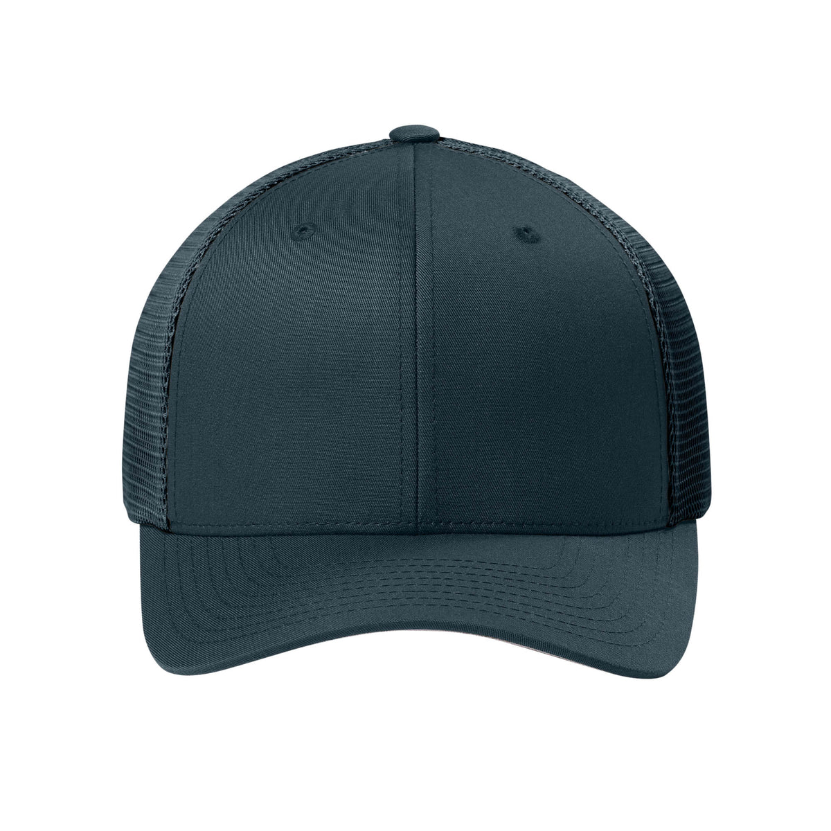 Front view of Navy Flexfit 110M adjustable mesh trucker hat. variant-navy