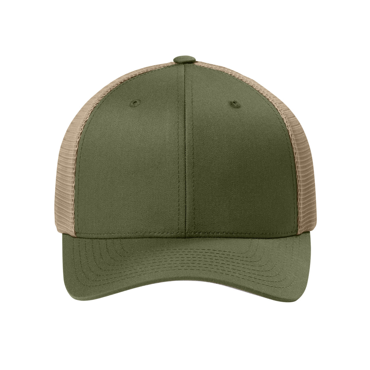 Front view of Olive Khaki Flexfit 110M adjustable mesh trucker hat. variant-olive-khaki