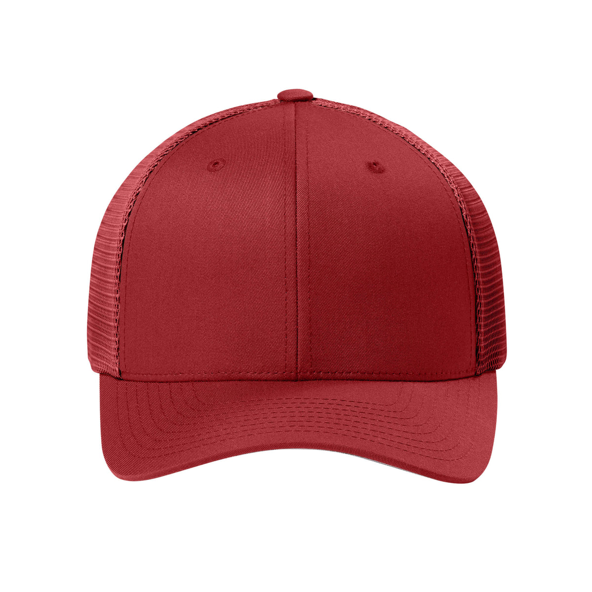 Front view of Red Flexfit 110M adjustable mesh trucker hat. variant-red