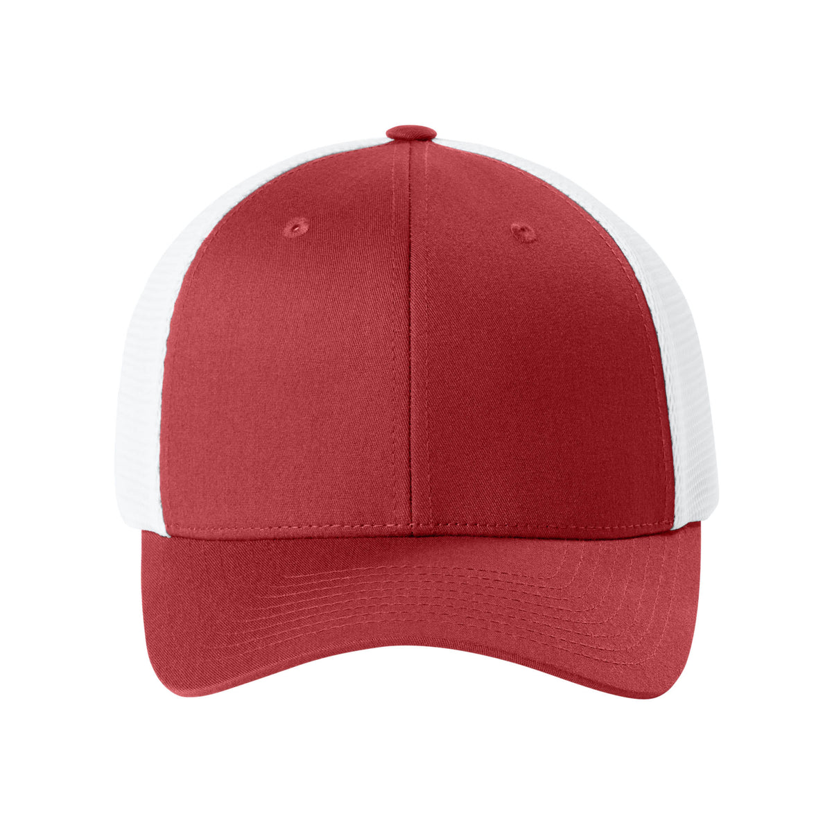 Front view of Red / White Flexfit 110M adjustable mesh trucker hat. variant-red-white