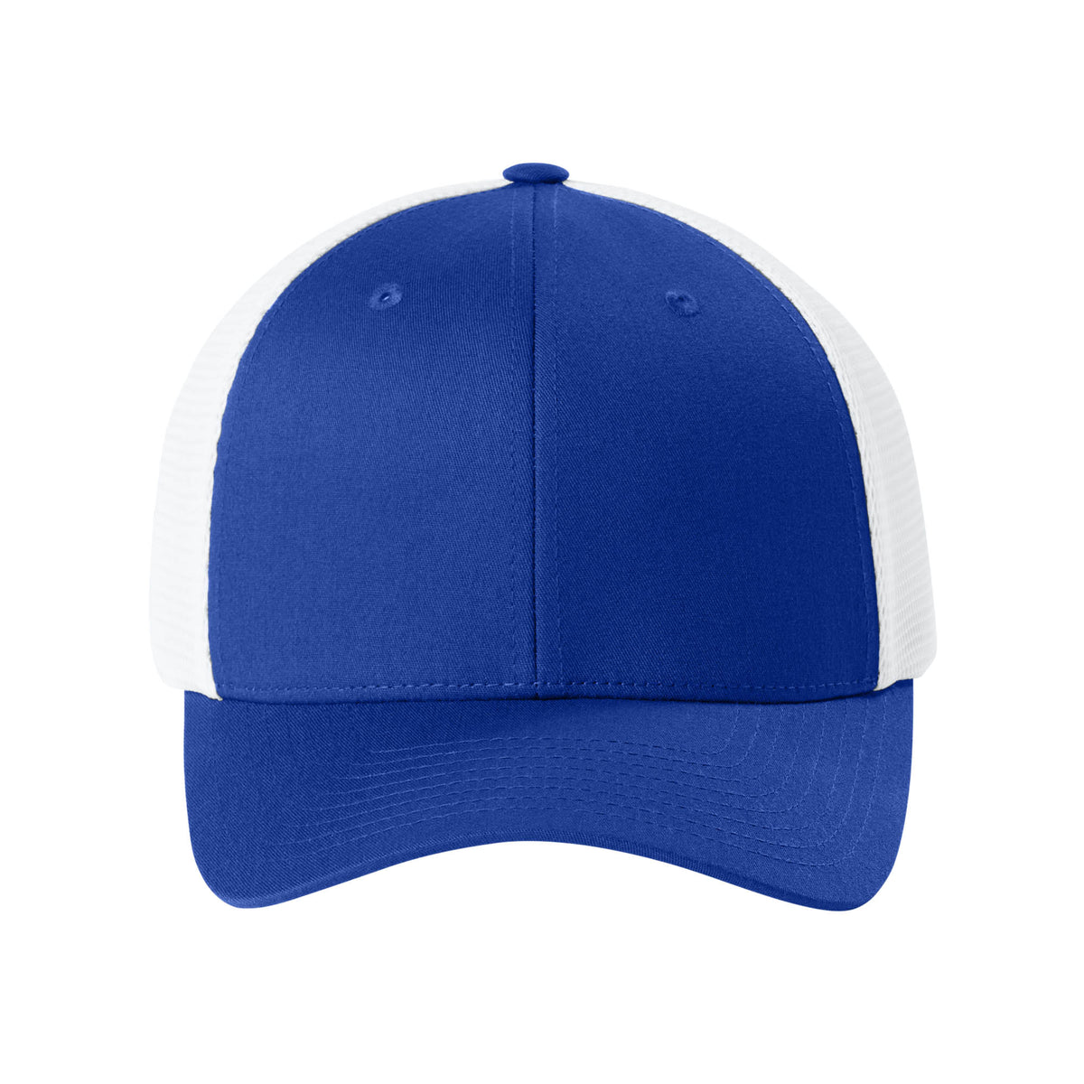 Front view of Royal / White Flexfit 110M adjustable mesh trucker hat. variant-royal-white