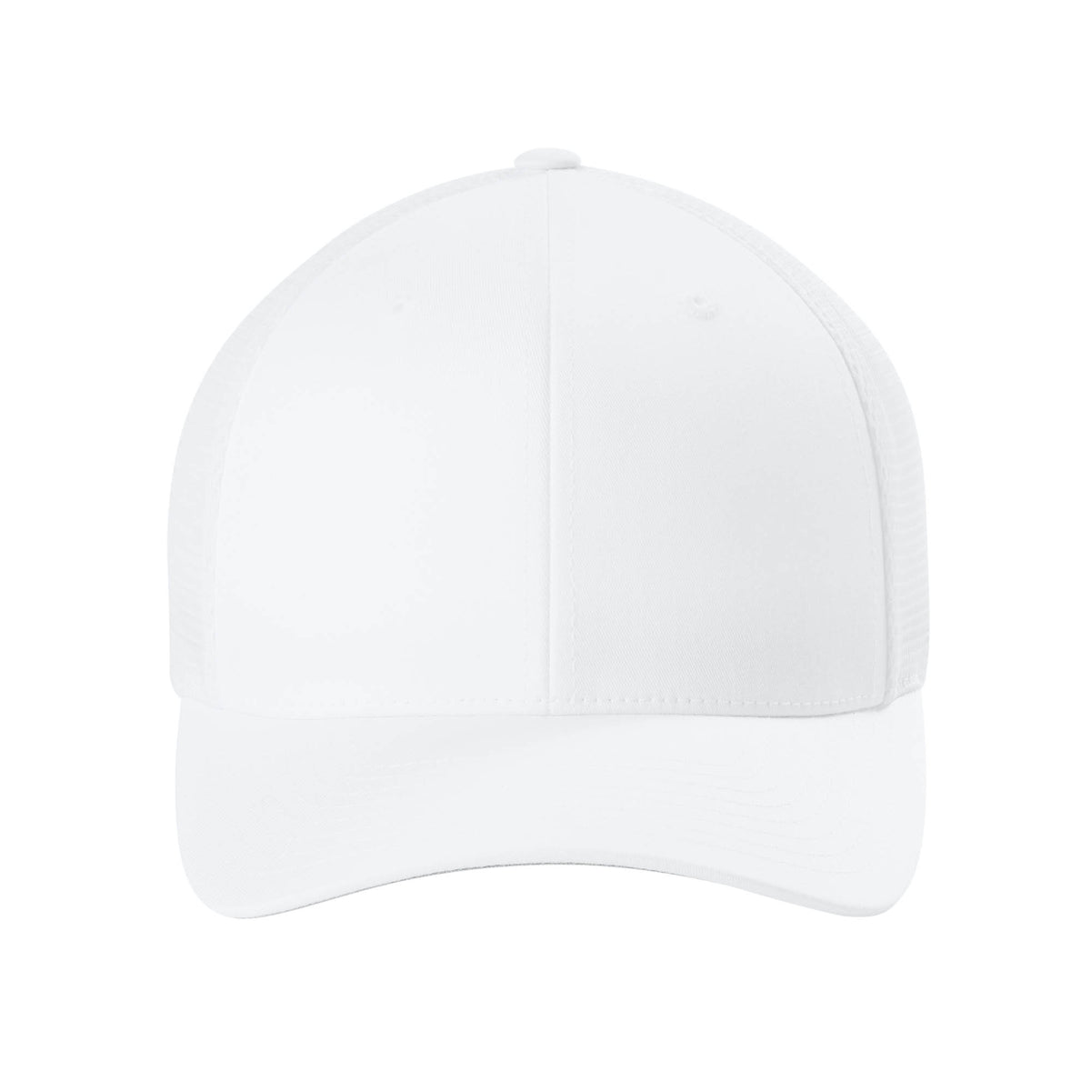 Front view of White Flexfit 110M adjustable mesh trucker hat. variant-white