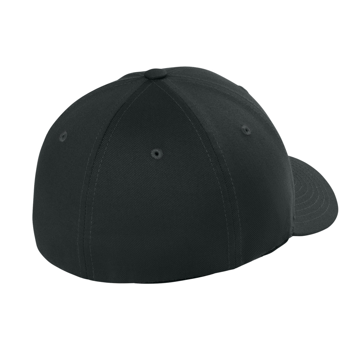Back view of Black Flexfit 6277 fitted cap showing stretch-fit closure. variant-black