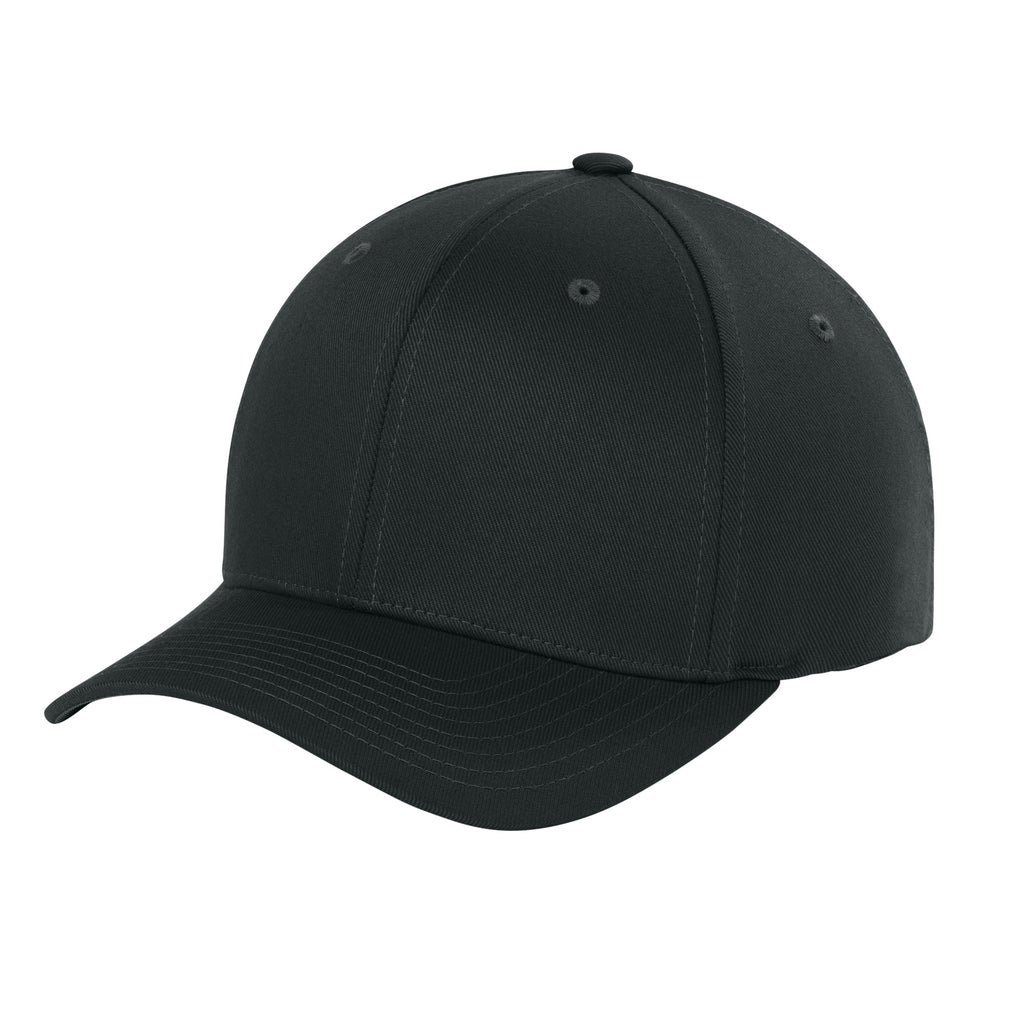 Left three-quarter view of Black Flexfit 6277 fitted cap showing curved visor. variant-black