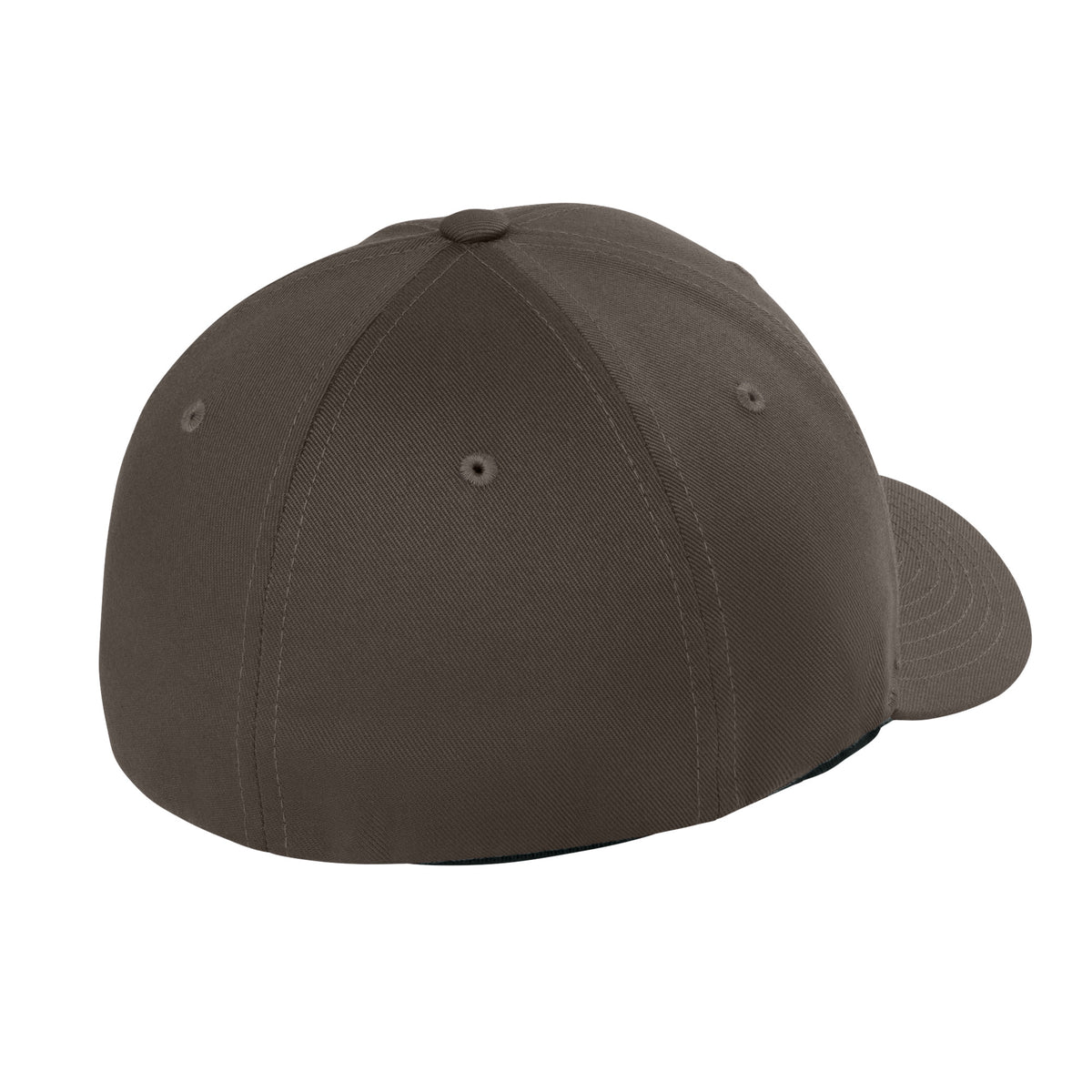 Back view of Brown Flexfit 6277 fitted cap showing stretch-fit closure. variant-brown