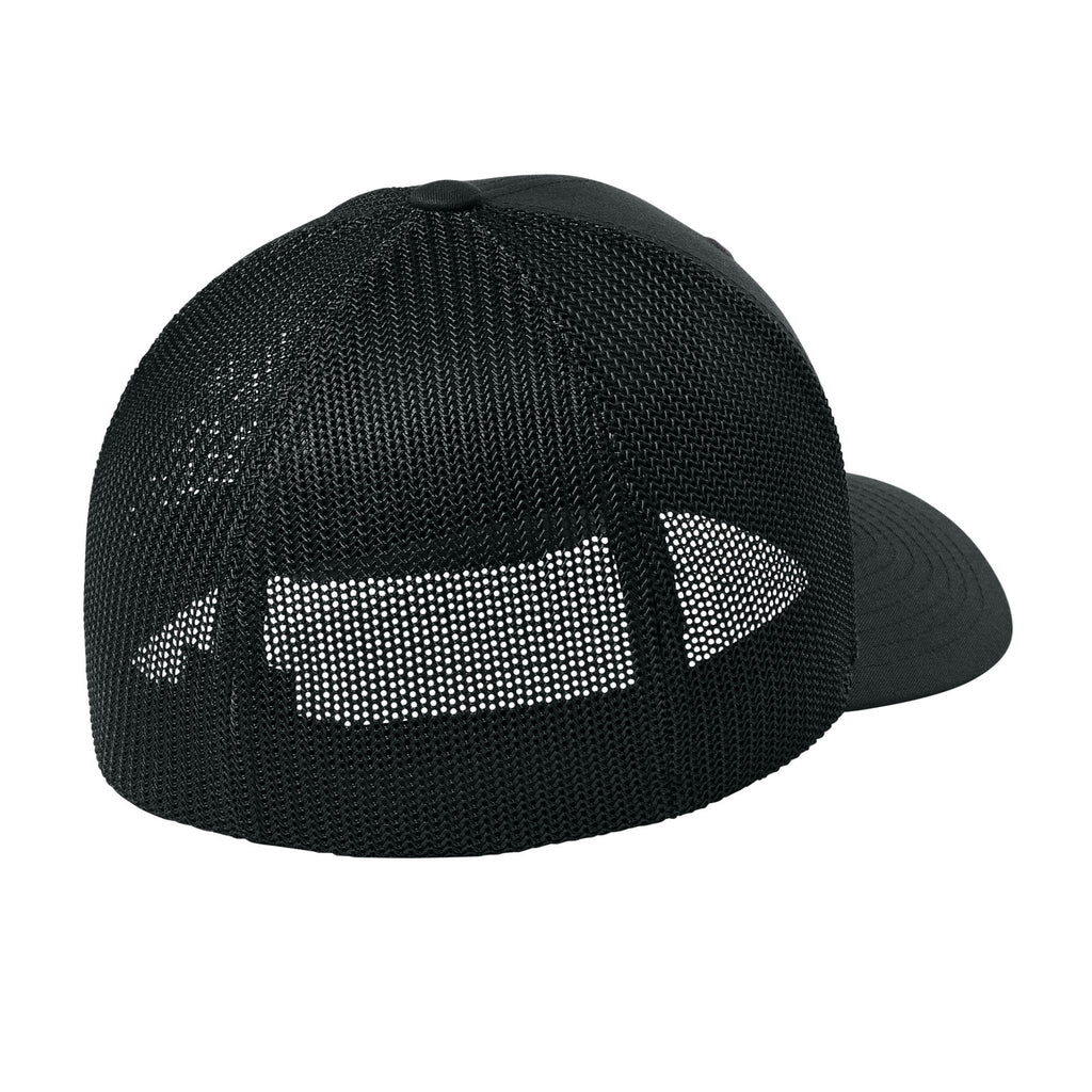 Black Flexfit 6511 trucker hat, rear mesh and fitted closure. variant-black