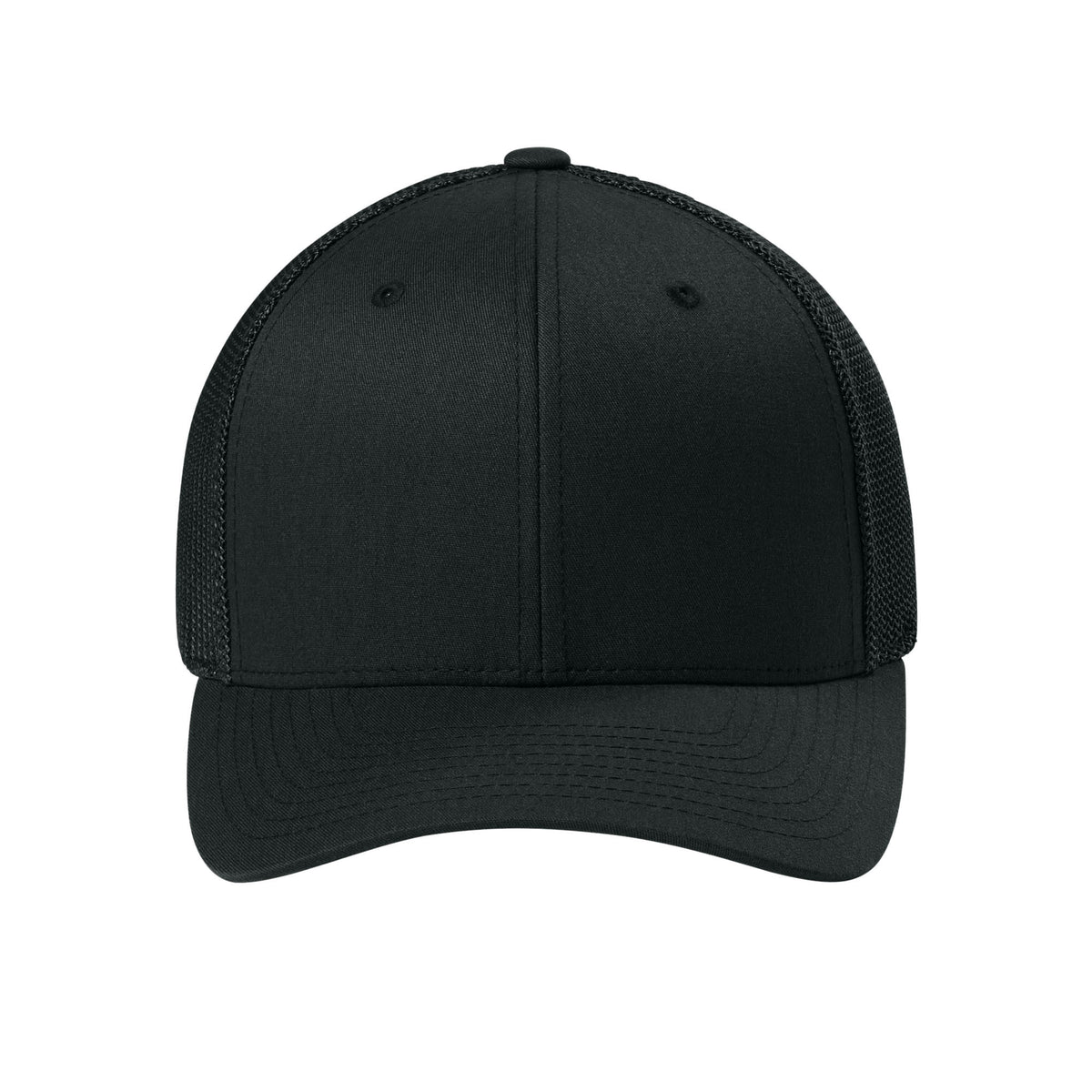 Front view of Black Flexfit 6511 fitted mesh trucker hat. variant-black