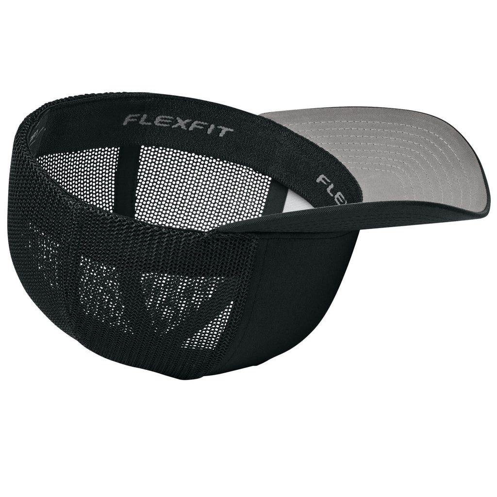 Black Flexfit 6511 trucker hat, interior and construction. variant-black