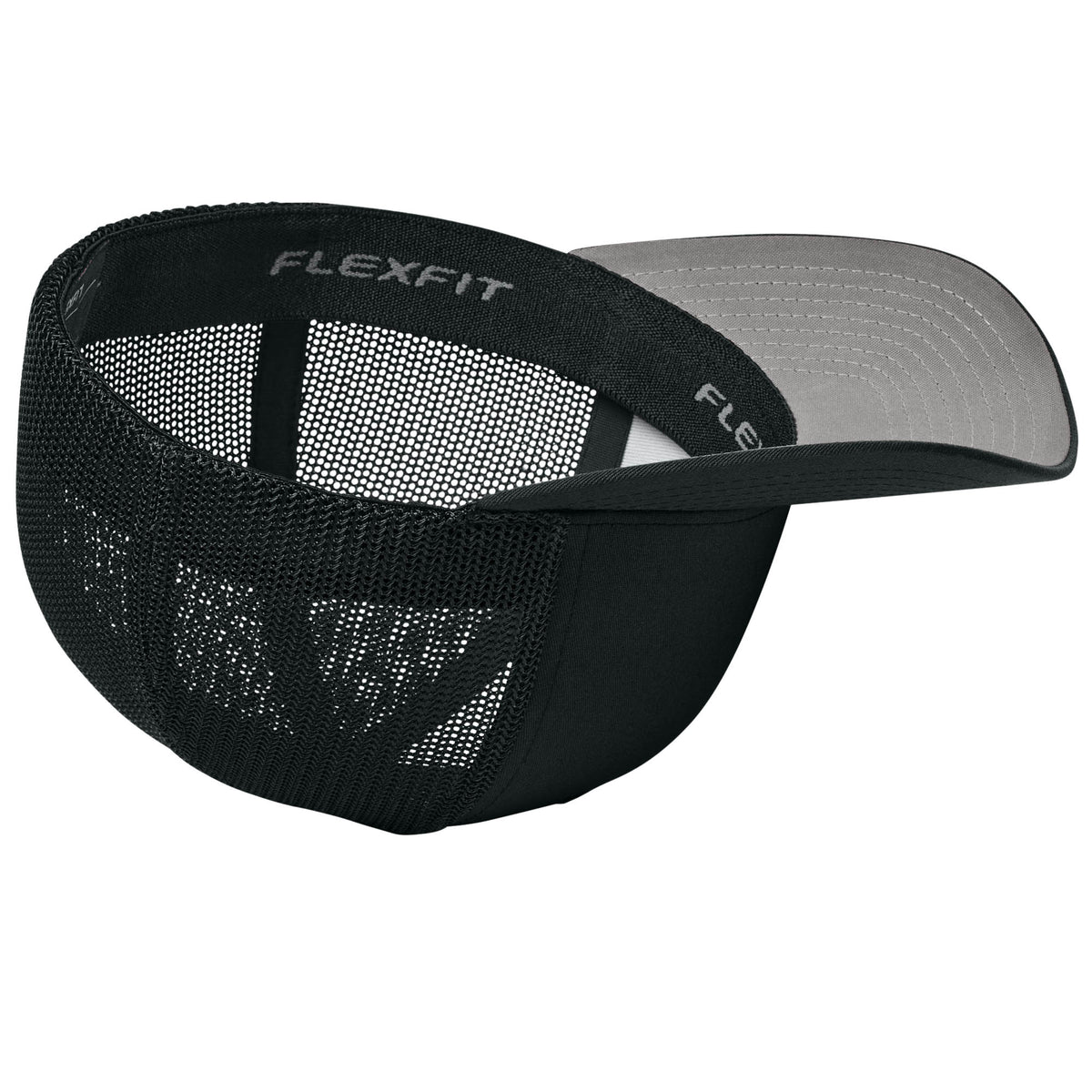 Black Flexfit 6511 trucker hat, interior and construction. variant-black
