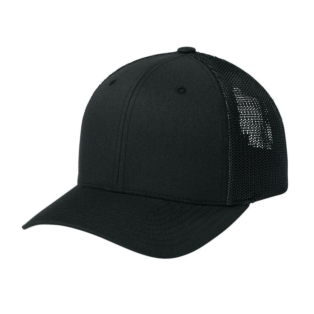 Black Flexfit 6511 trucker hat, left three-quarter profile. variant-black