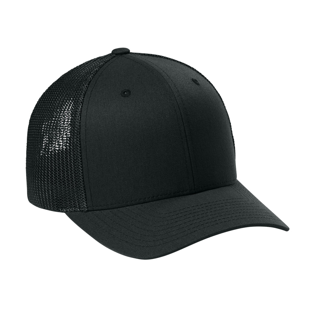 Black Flexfit 6511 trucker hat, right three-quarter profile. variant-black