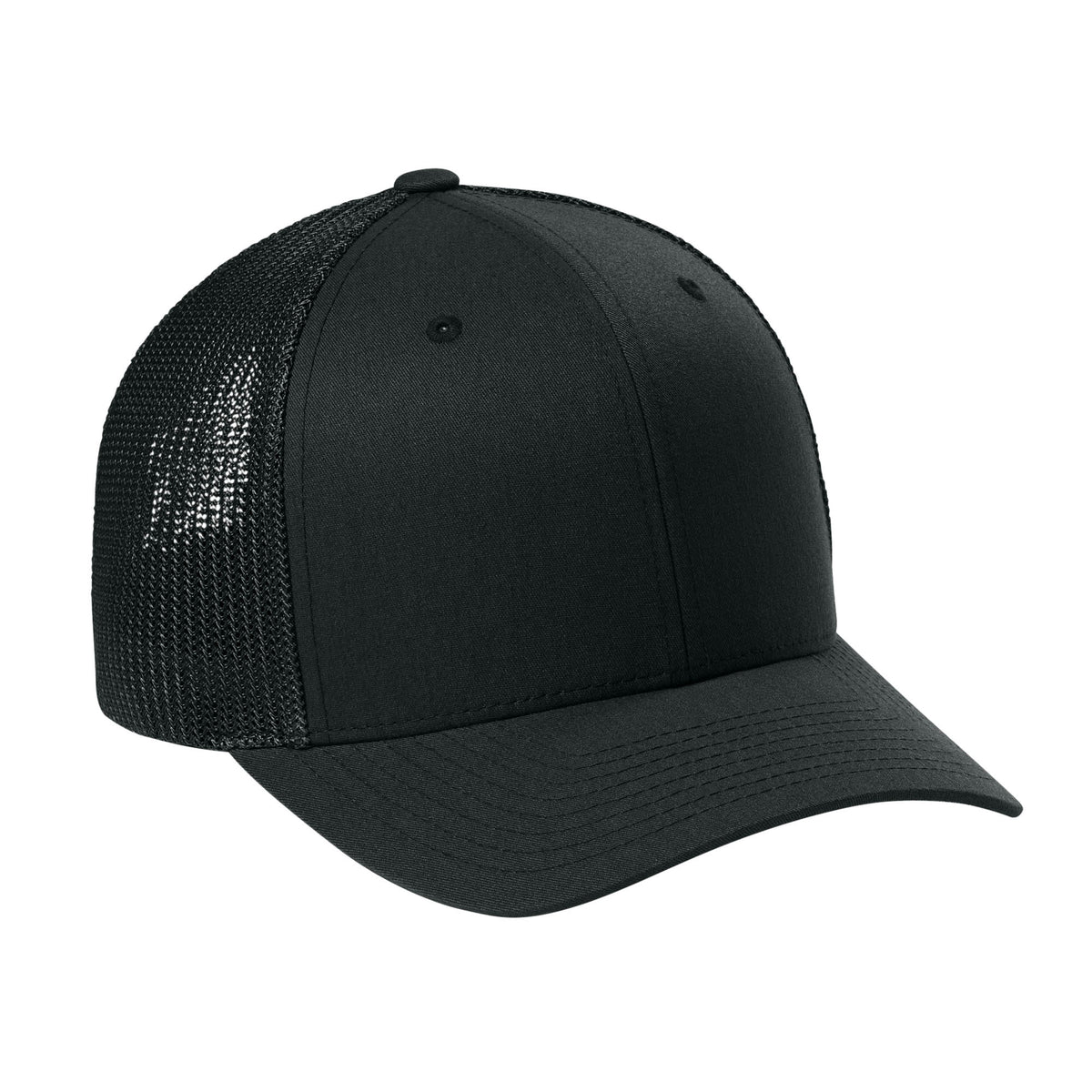 Black Flexfit 6511 trucker hat, right three-quarter profile. variant-black