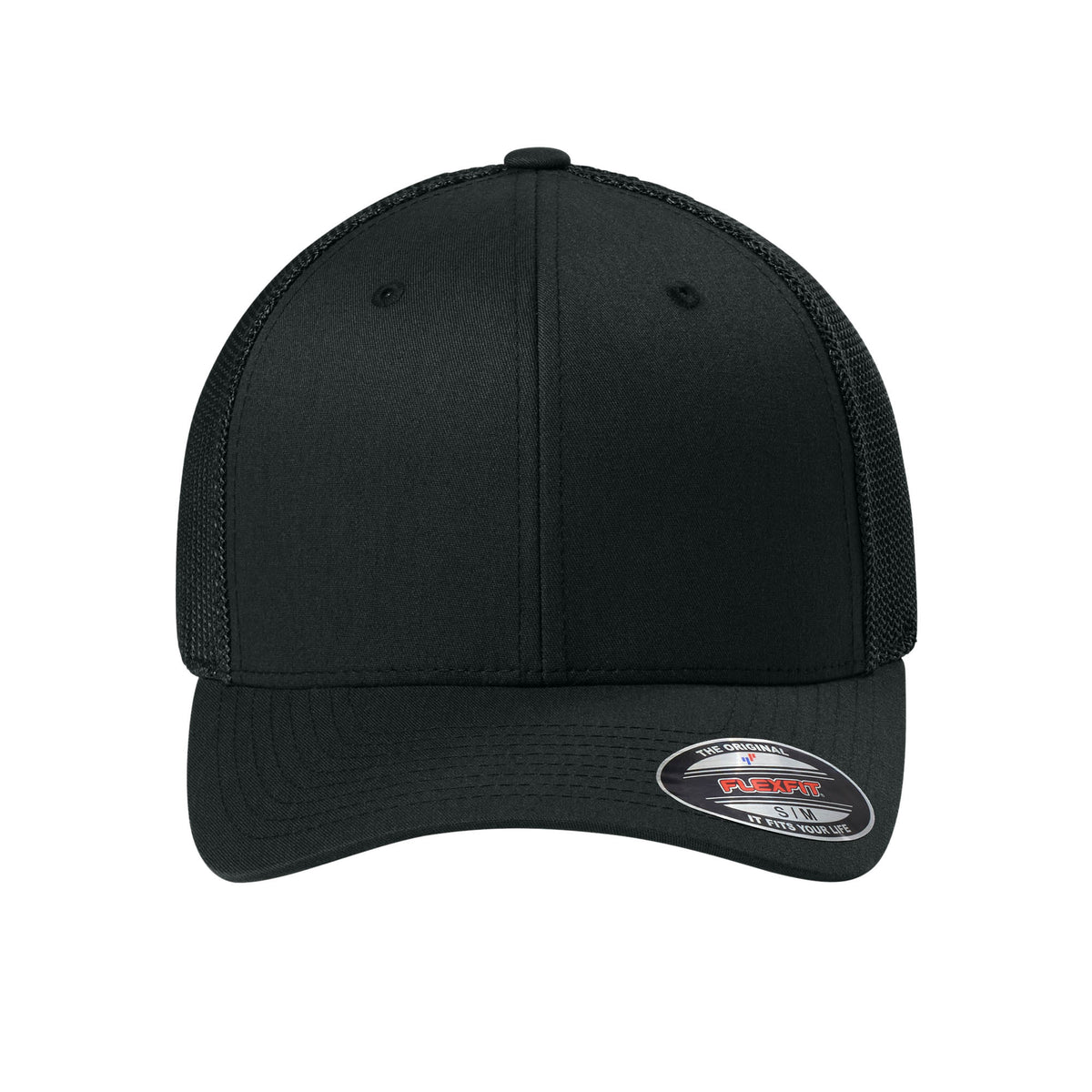 Black Flexfit 6511 hat, straight-on view with manufacturer sticker. variant-black
