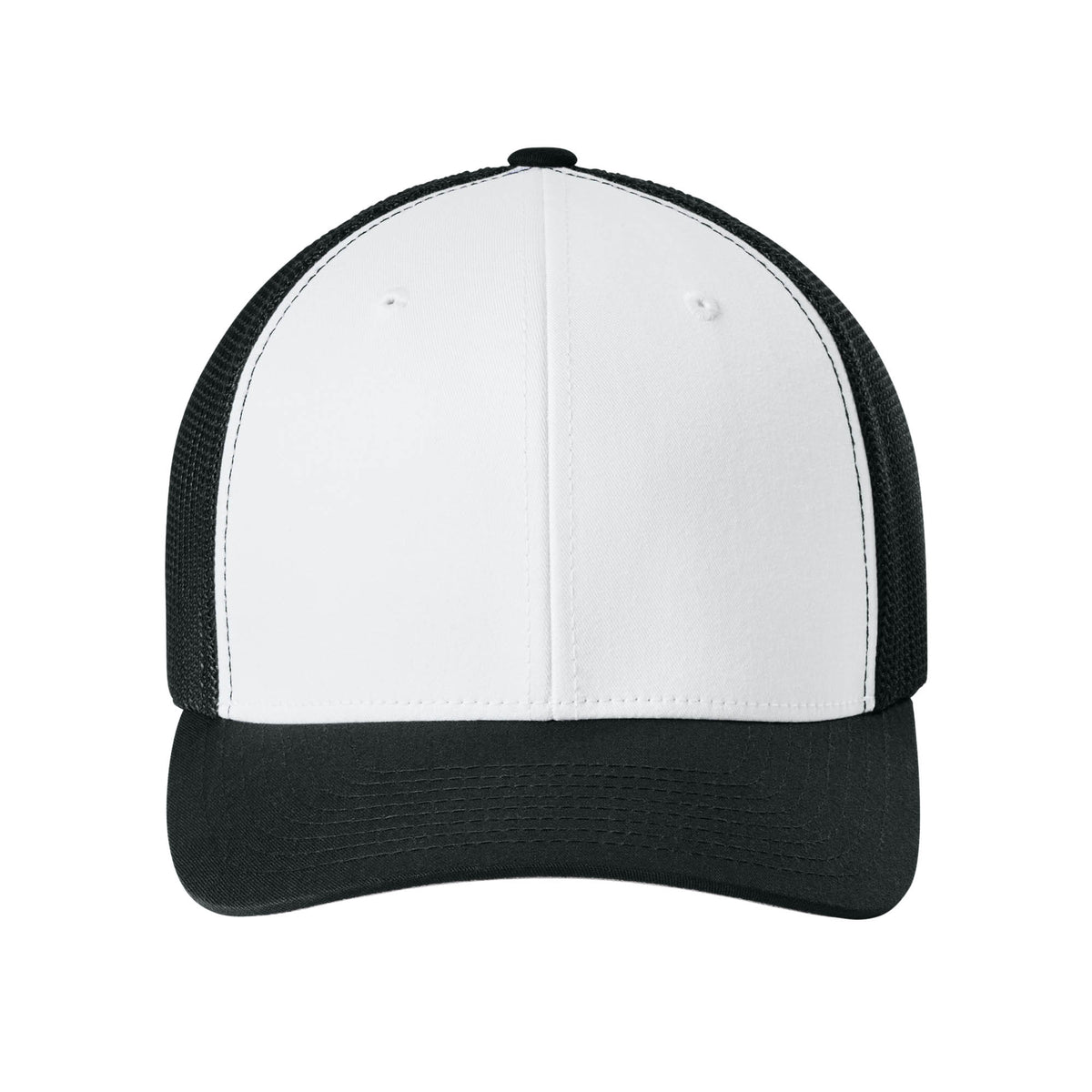 Front view of Black / White / Black Flexfit 6511 fitted mesh trucker hat. variant-black-white-black