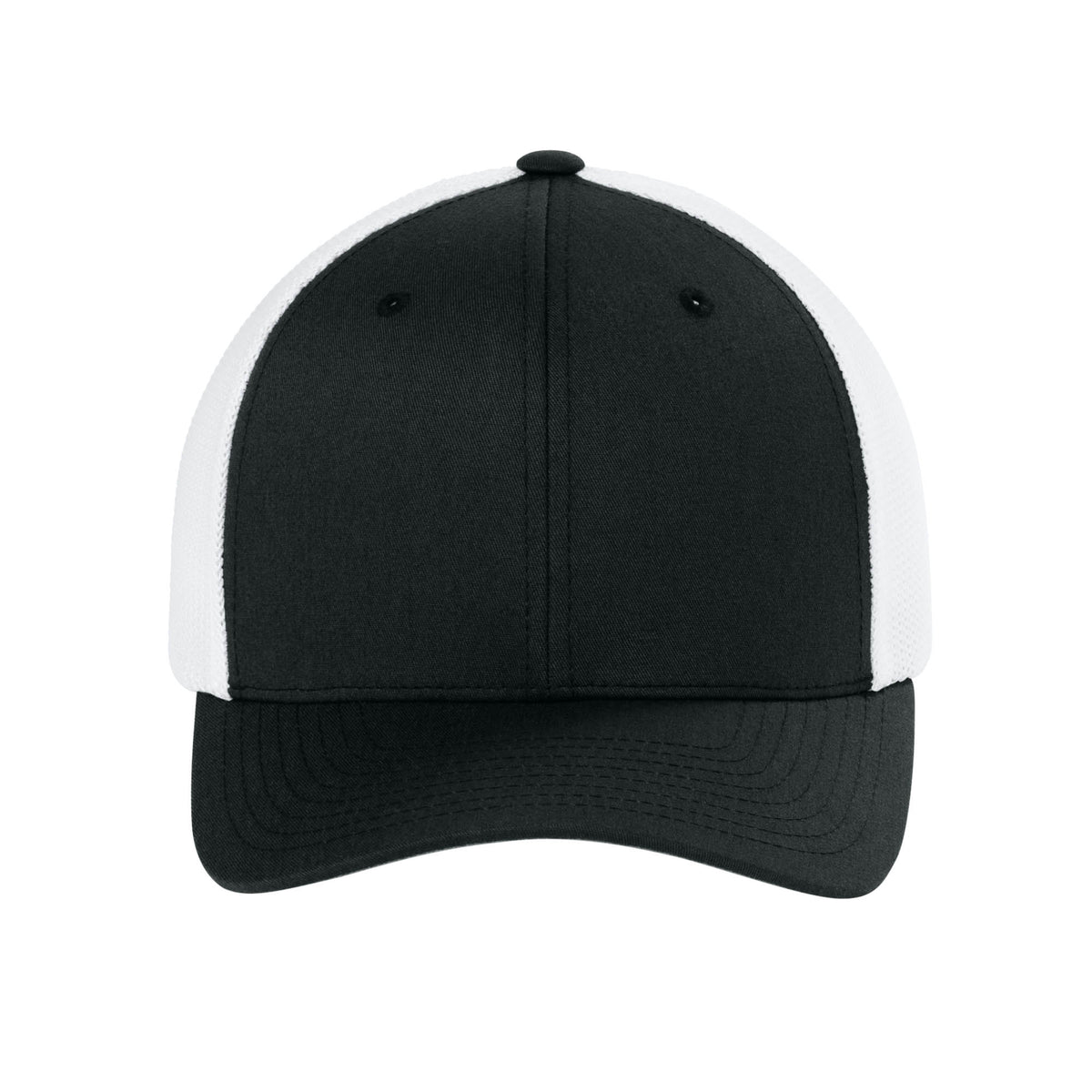 Front view of Black / White Flexfit 6511 fitted mesh trucker hat. variant-black-white
