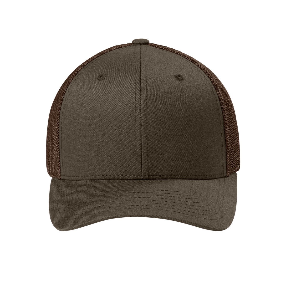 Front view of Brown Flexfit 6511 fitted mesh trucker hat. variant-brown