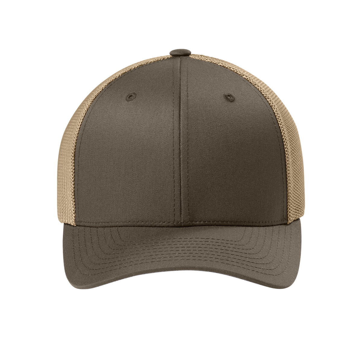 Front view of Brown / Khaki Flexfit 6511 fitted mesh trucker hat. variant-brown-khaki