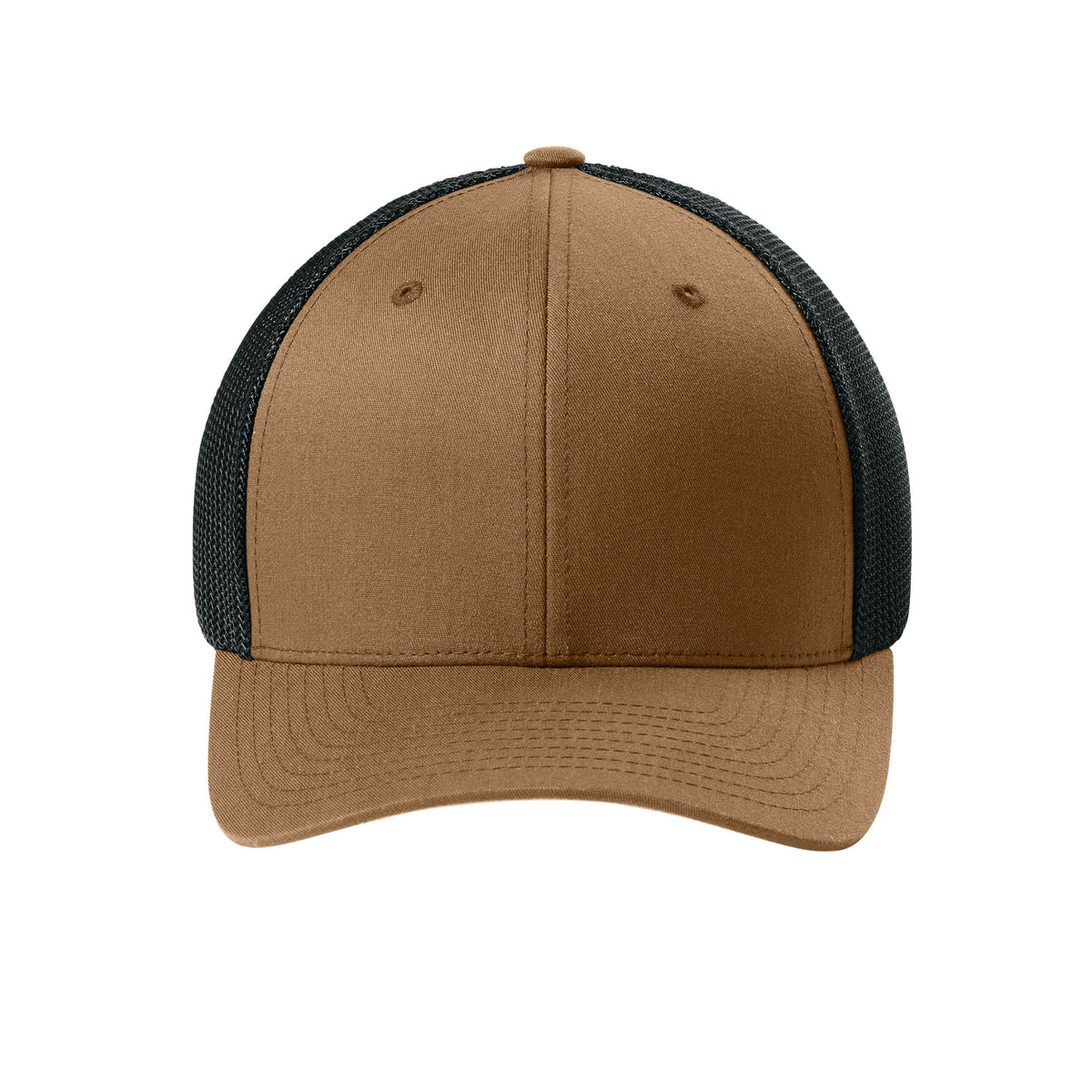 Front view of Caramel / Black Flexfit 6511 fitted mesh trucker hat. variant-caramel-black