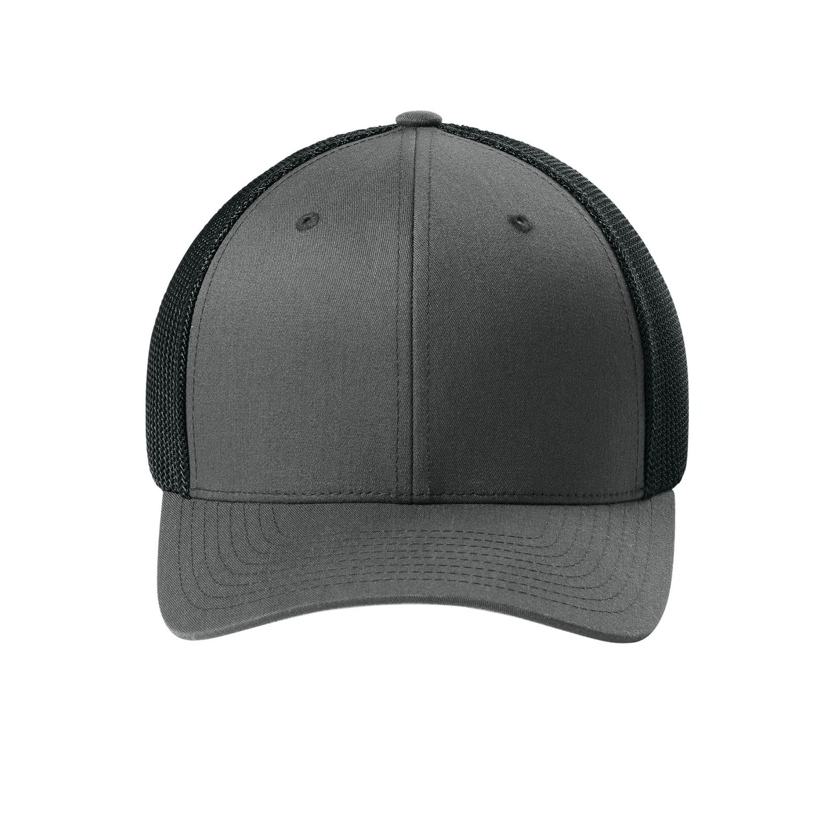Front view of Charcoal / Black Flexfit 6511 fitted mesh trucker hat. variant-charcoal-black