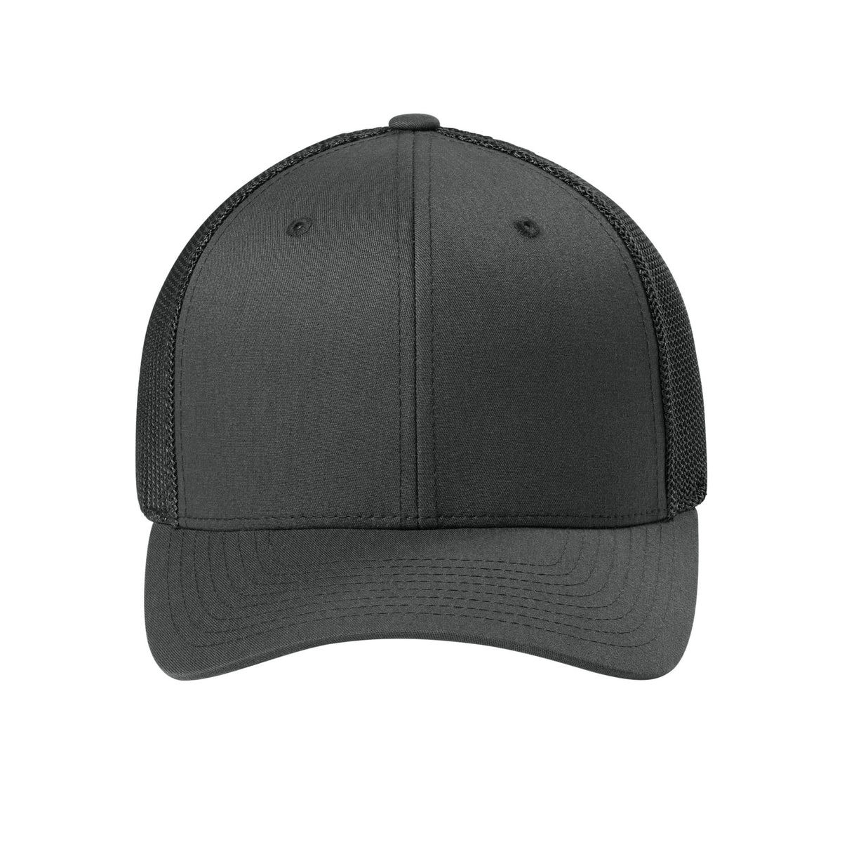Front view of Charcoal Flexfit 6511 fitted mesh trucker hat. variant-charcoal