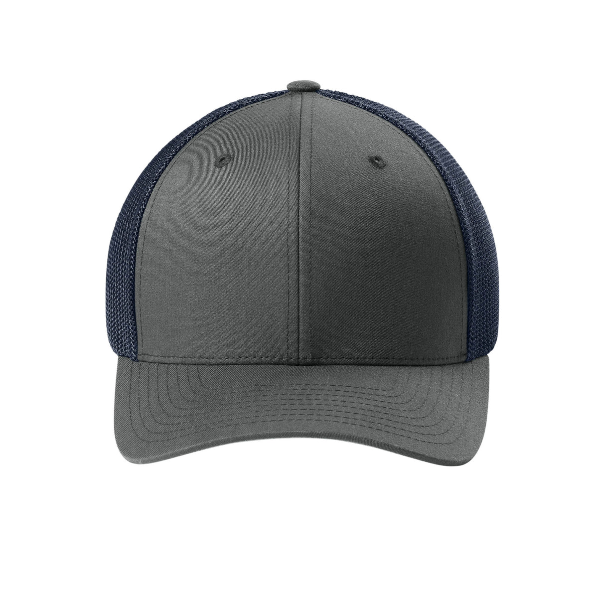 Front view of Charcoal / Navy Flexfit 6511 fitted mesh trucker hat. variant-charcoal-navy