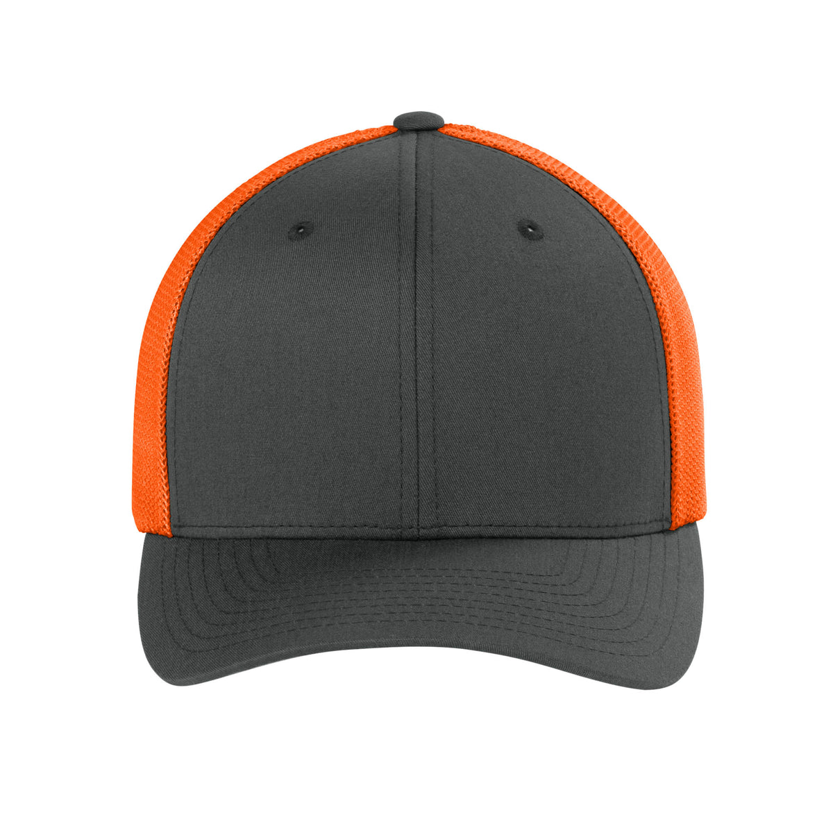 Front view of Charcoal / Neon Orange Flexfit 6511 fitted mesh trucker hat. variant-charcoal-neon-orange