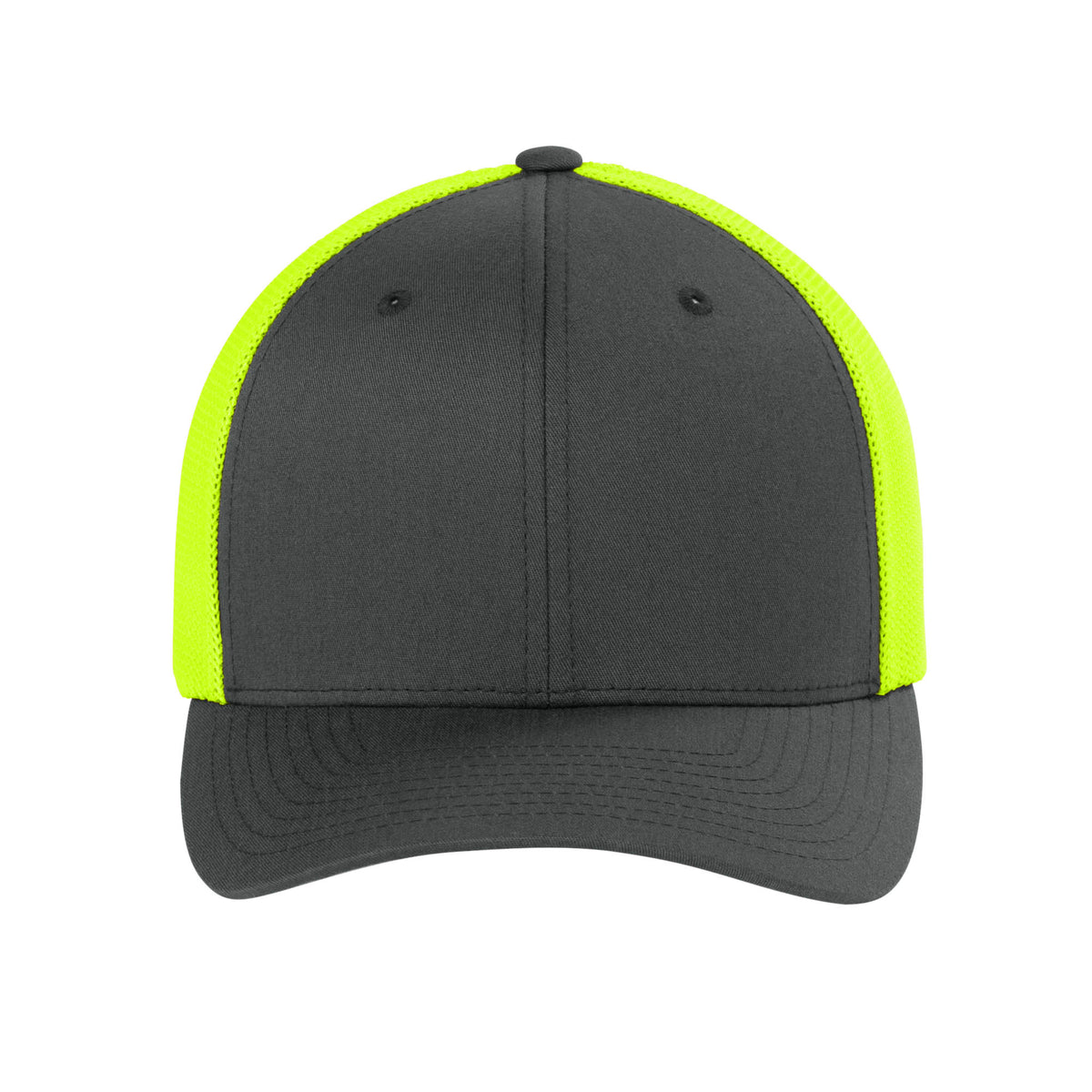 Front view of Charcoal / Neon Yellow Flexfit 6511 fitted mesh trucker hat. variant-charcoal-neon-yellow