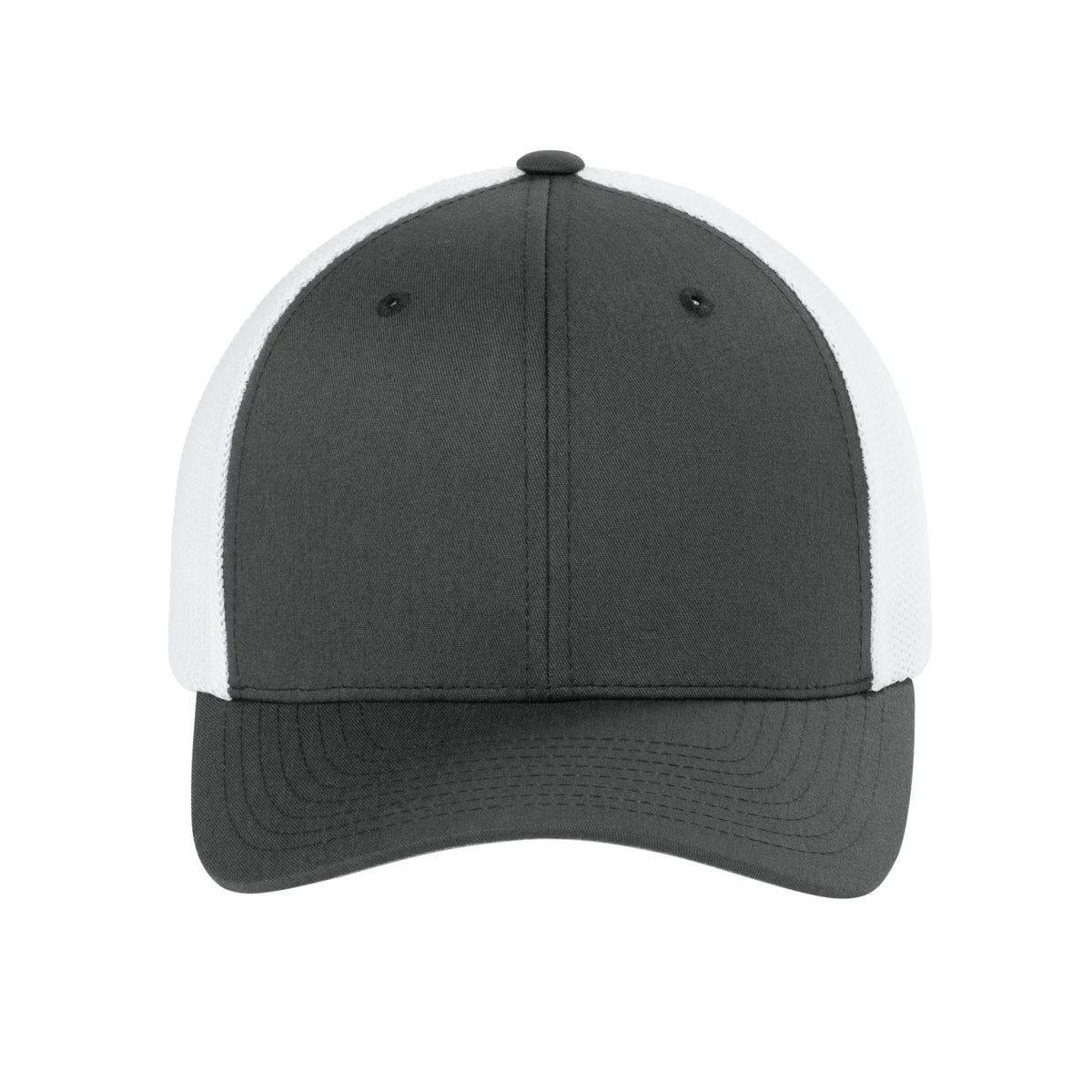 Front view of Charcoal / White Flexfit 6511 fitted mesh trucker hat. variant-charcoal-white